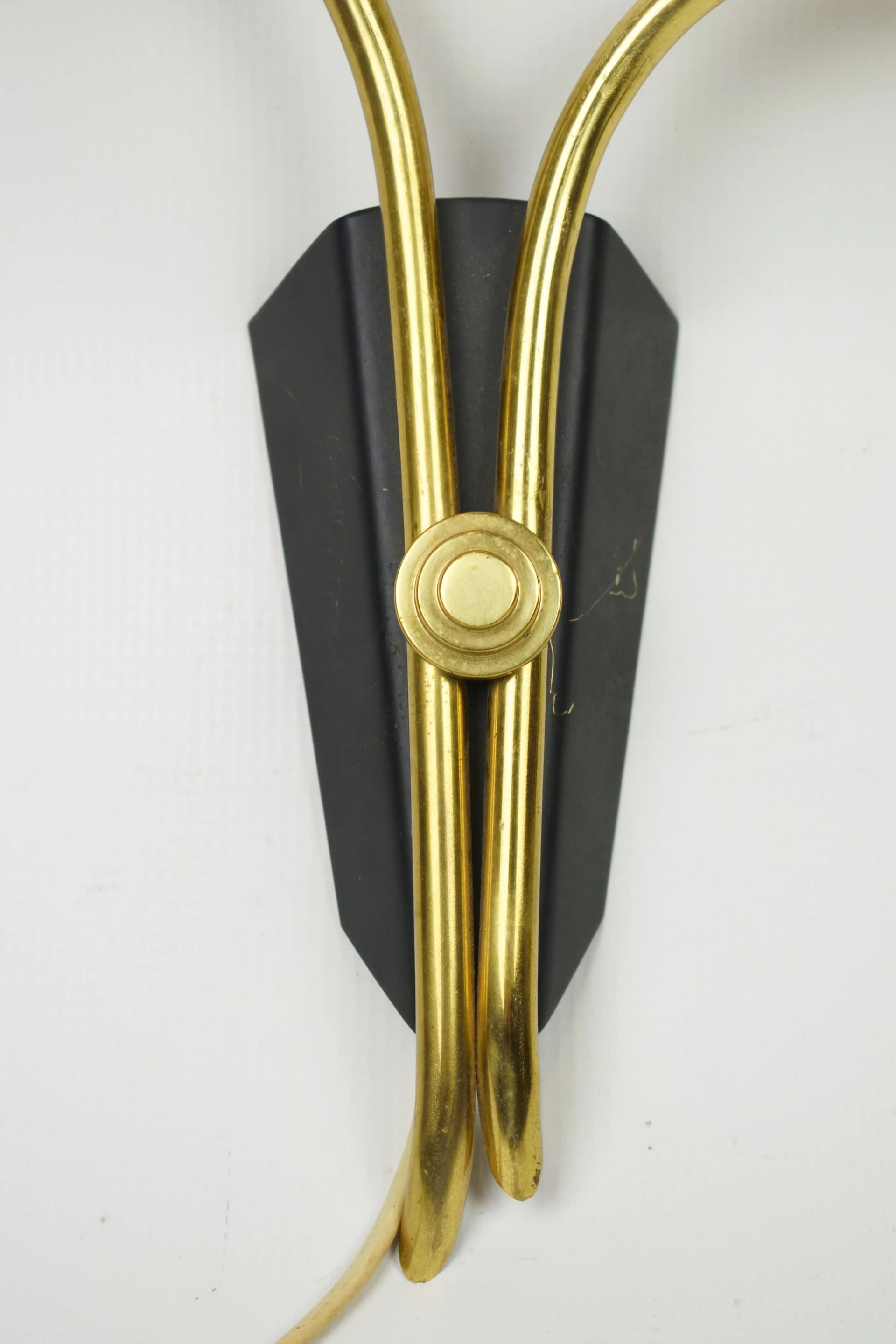 Pair of wall sconces, golden brass, black metal, Sweden, 1960s. - 85964