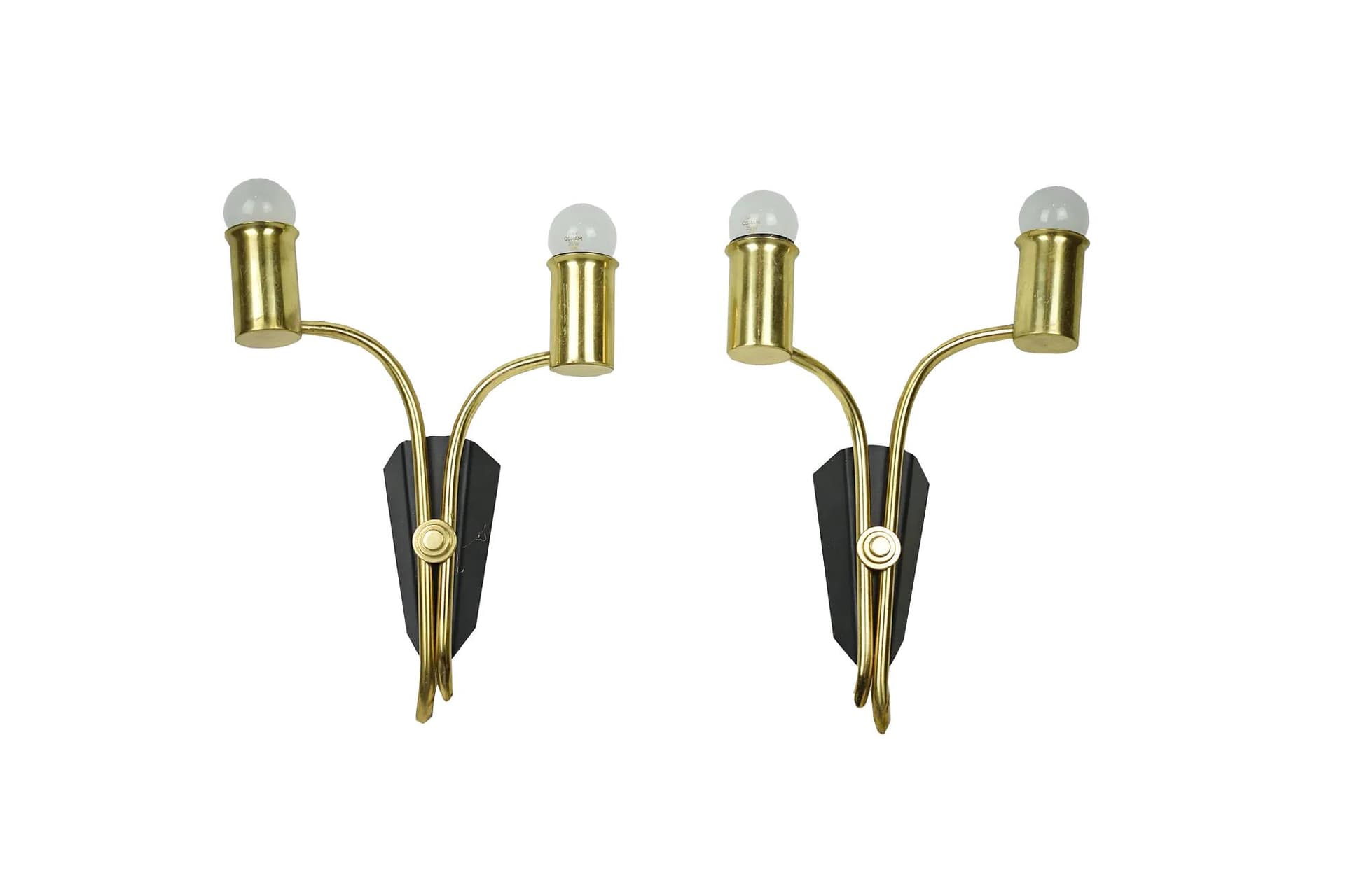 Pair of wall sconces, golden brass, black metal, Sweden, 1960s.