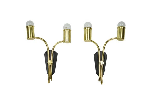 Pair of wall sconces, golden brass, black metal, Sweden, 1960s. - DIMENSION