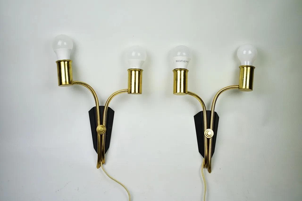 Pair of wall sconces, golden brass, black metal, Sweden, 1960s. - 85960
