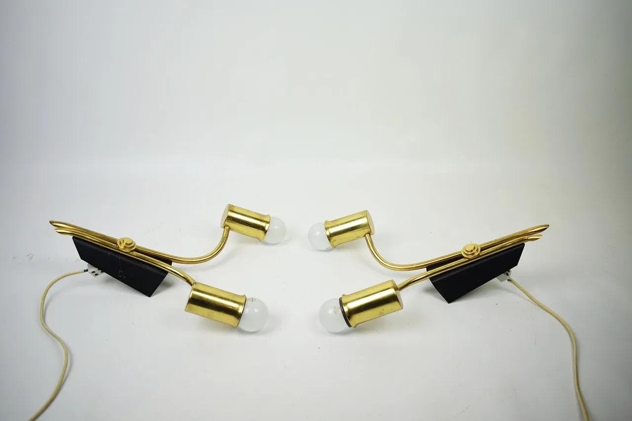 Pair of wall sconces, golden brass, black metal, Sweden, 1960s. - 85959