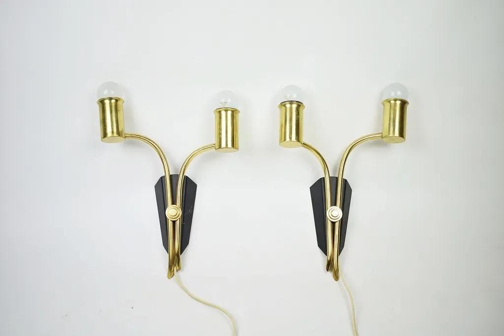 Pair of wall sconces, golden brass, black metal, Sweden, 1960s. - 85961