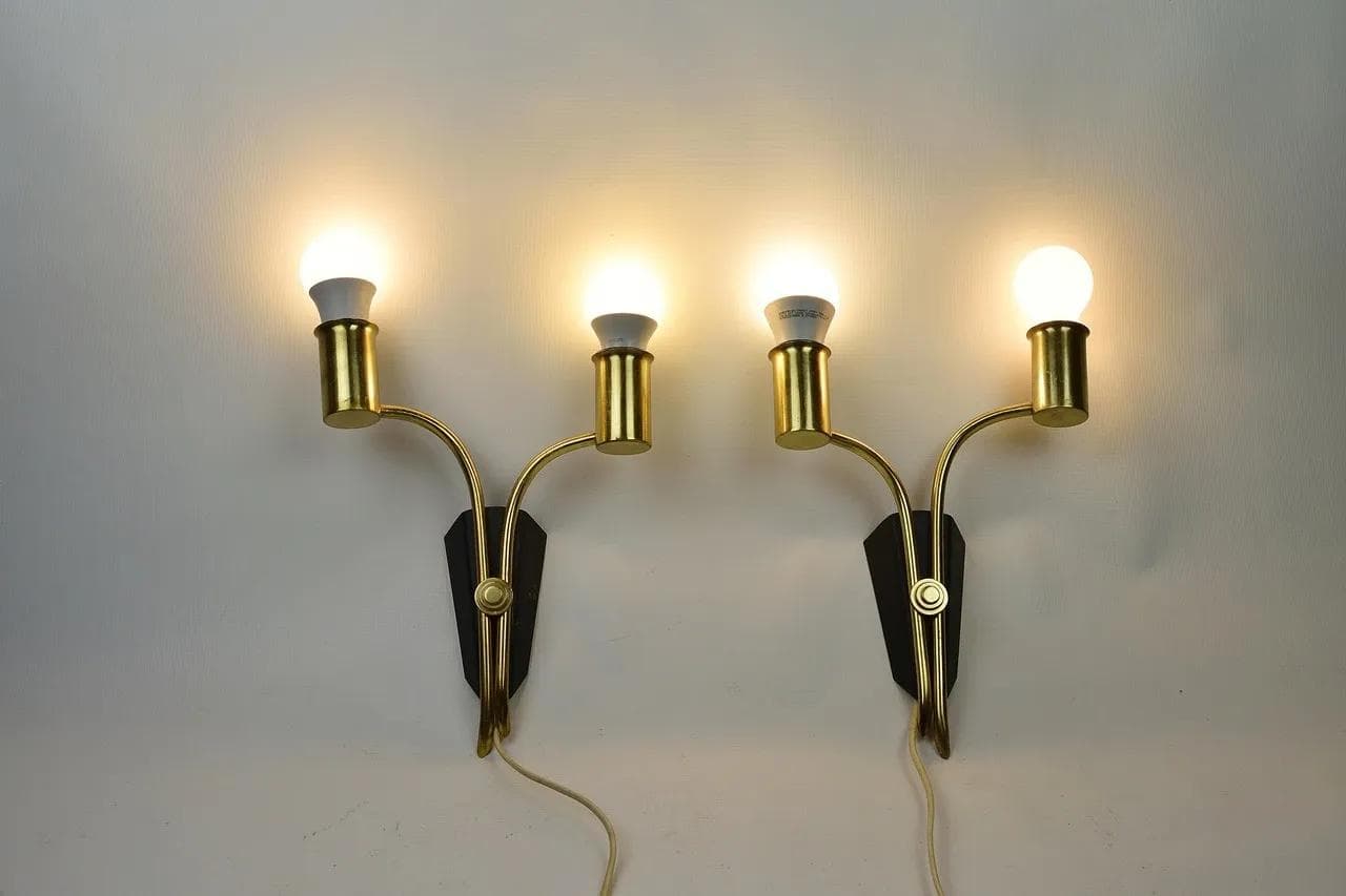 Pair of wall sconces, golden brass, black metal, Sweden, 1960s. - 85958