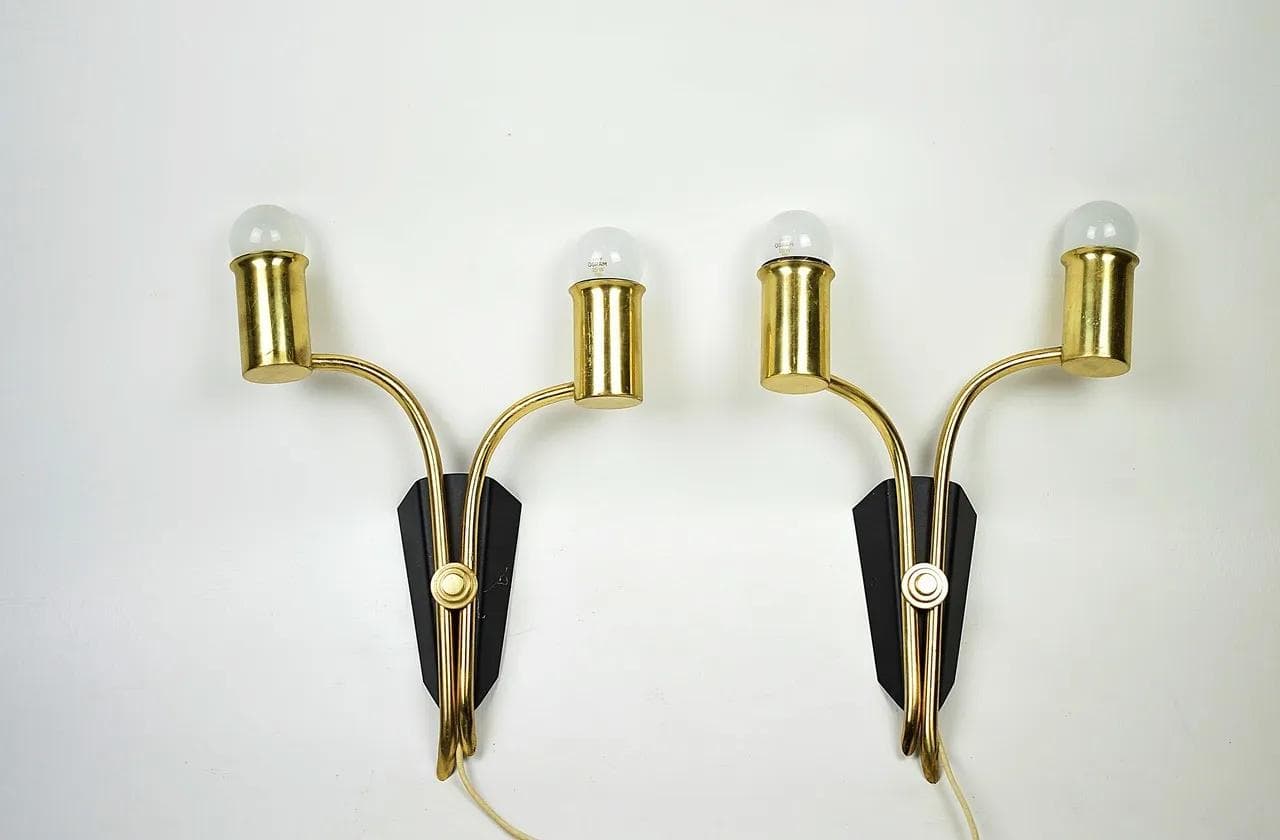 Pair of wall sconces, golden brass, black metal, Sweden, 1960s. - 85957
