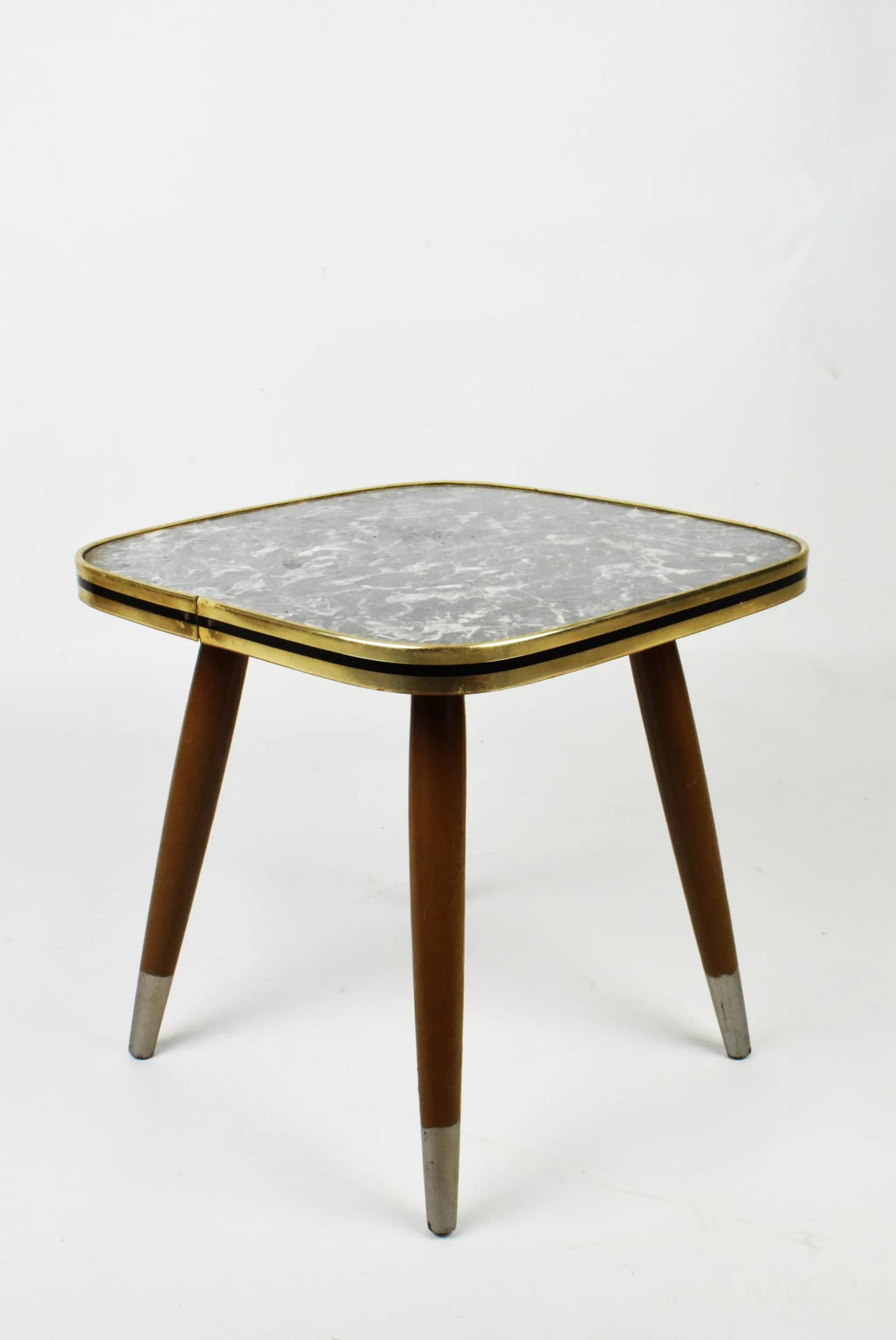 Plant stand, grey plastic top, brown wood legs, Poland, 1960s. - 85562