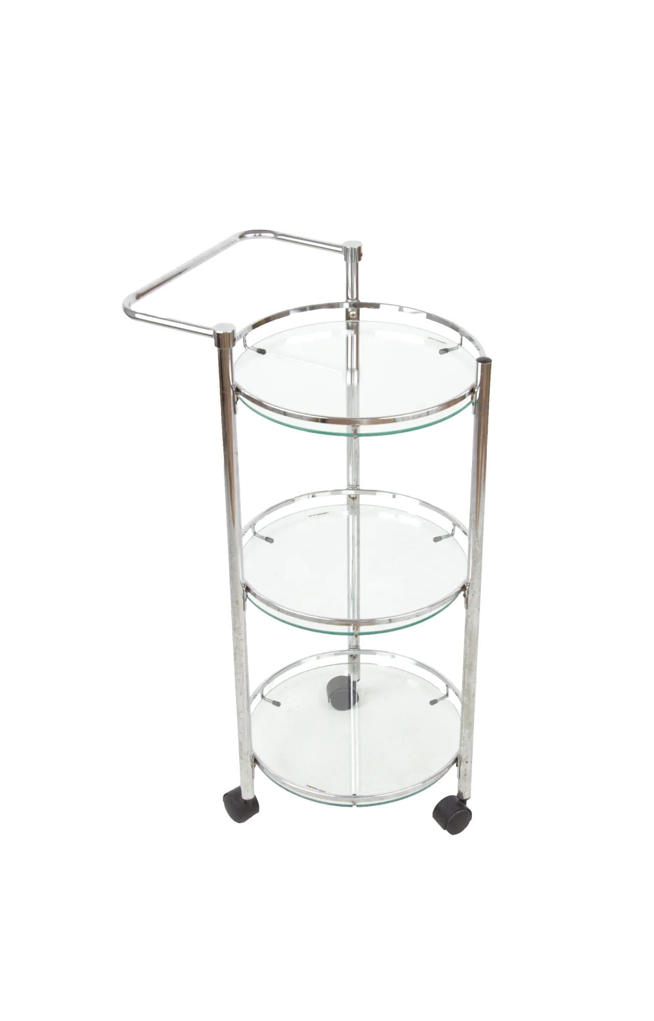 Mobile shelving unit, silver chrome, transparent glass, Poland, 1980s.
