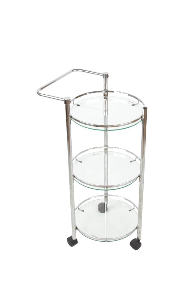 Mobile shelving unit, silver chrome, transparent glass, Poland, 1980s. - DIMENSION