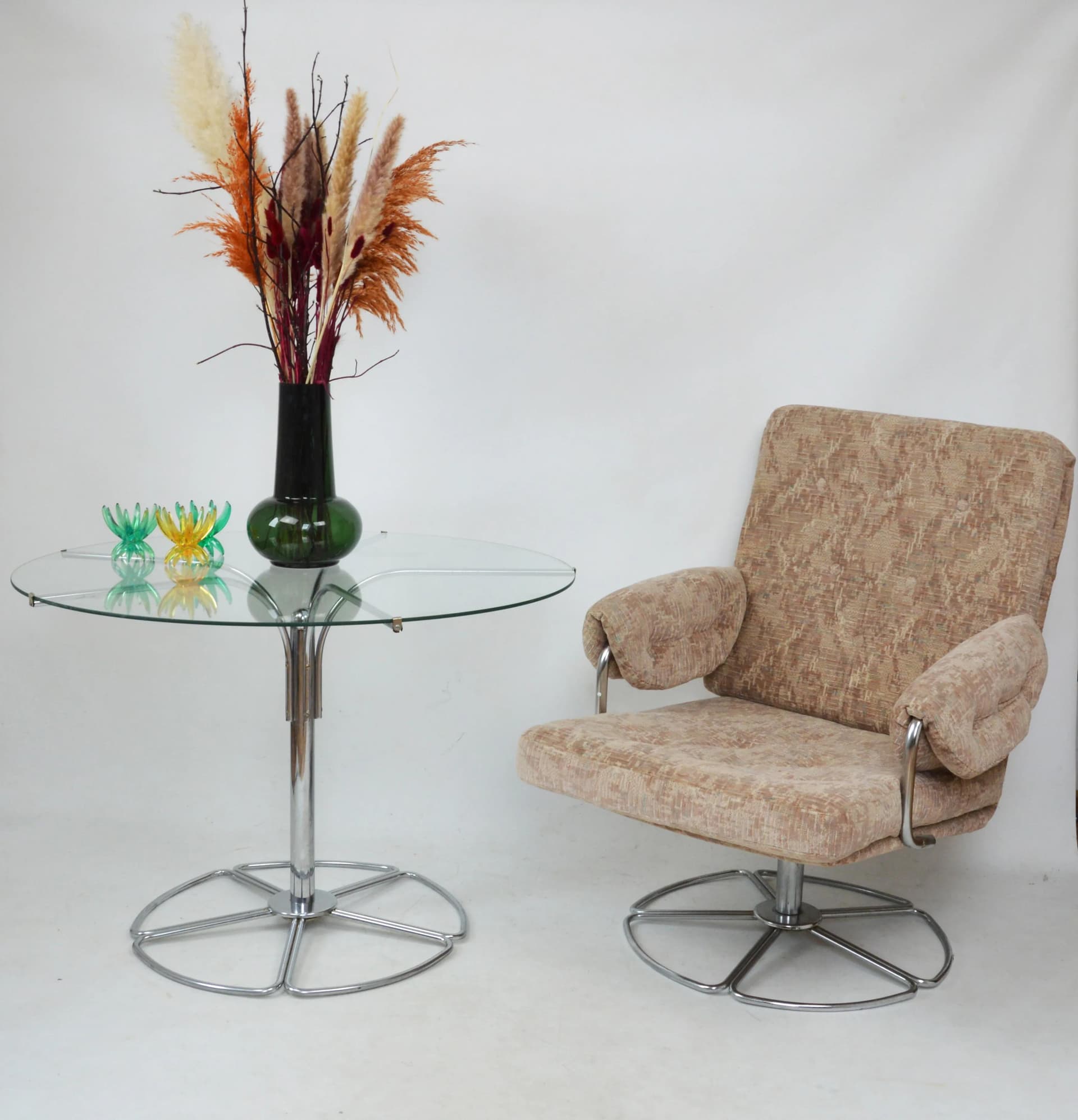 Fotel obrotowy, beżowy, tkanina, chrom, Polska, lata 70. - 85366