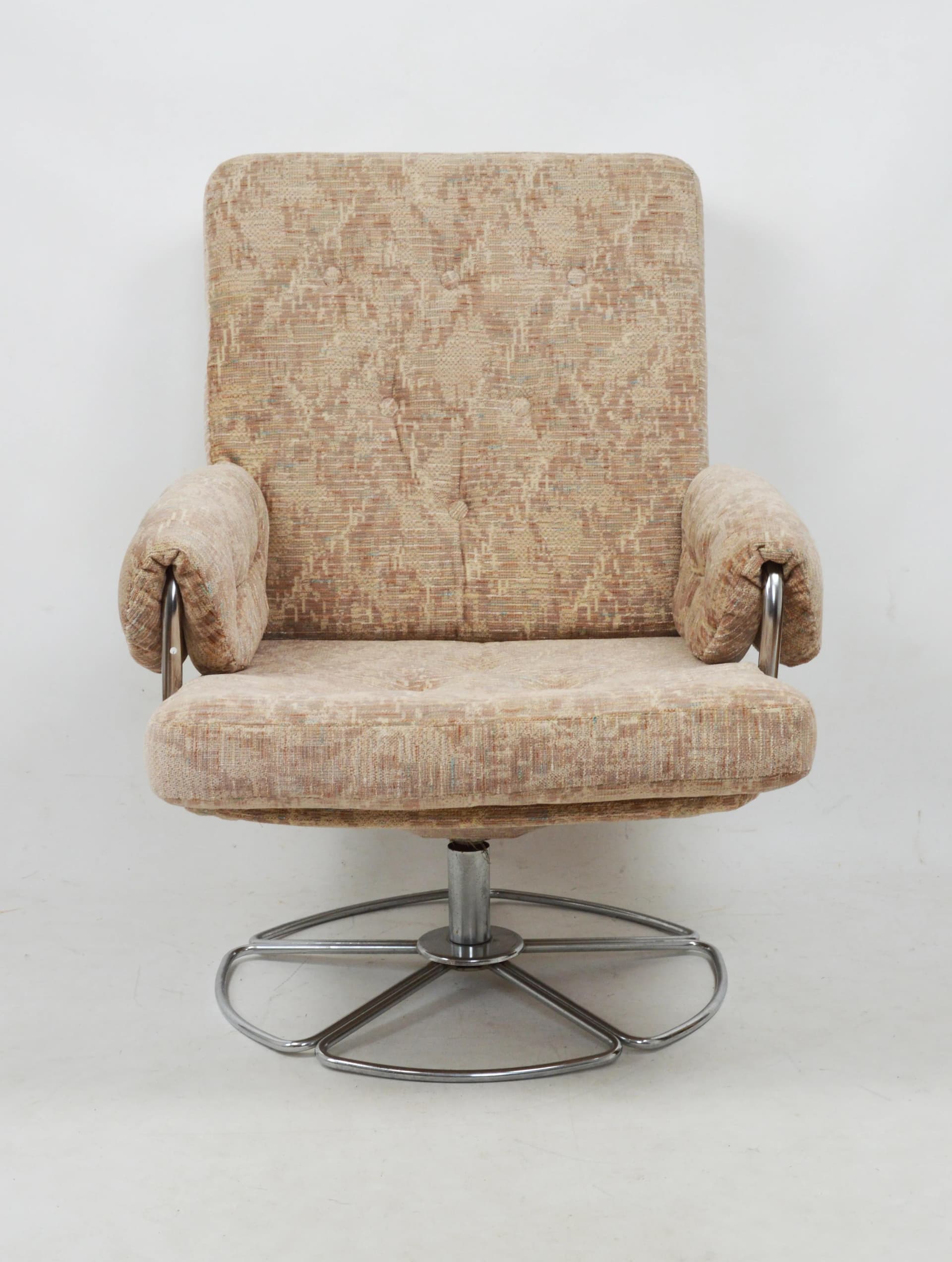 Fotel obrotowy, beżowy, tkanina, chrom, Polska, lata 70. - 85364