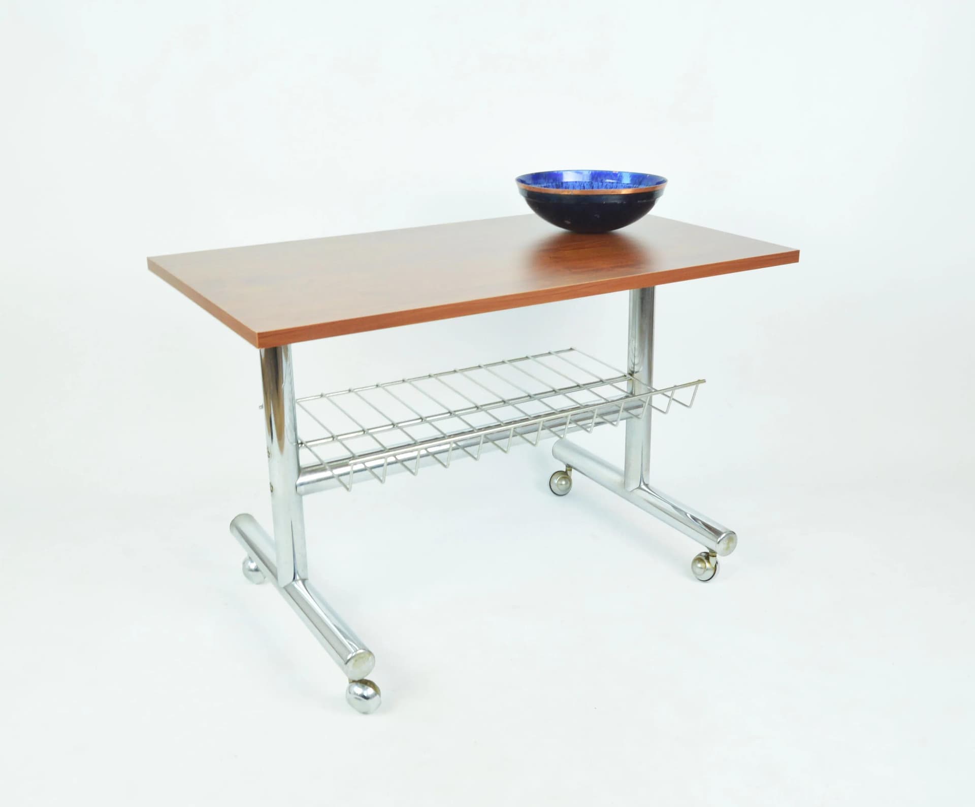 Stolik kawowy, brązowy, drewno chrom, Polska, lata 70. - 85359