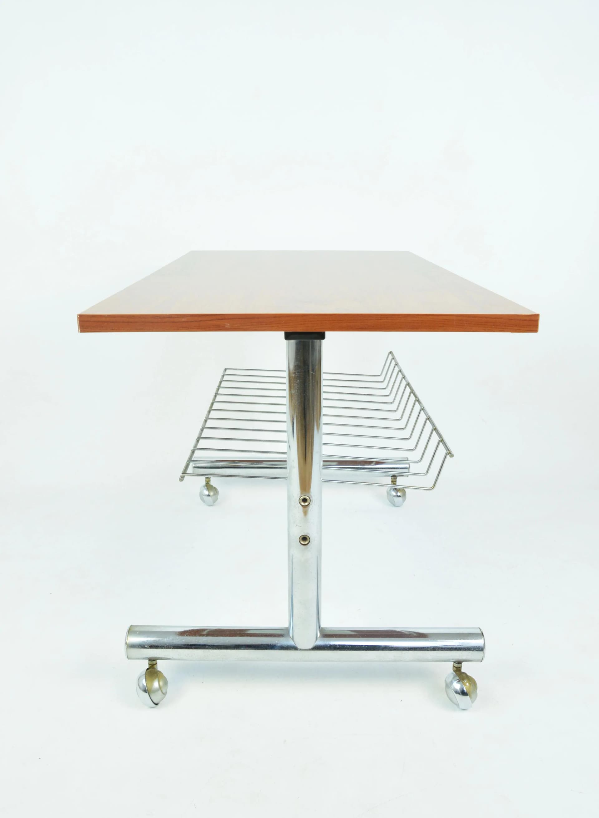 Stolik kawowy, brązowy, drewno chrom, Polska, lata 70. - 85357