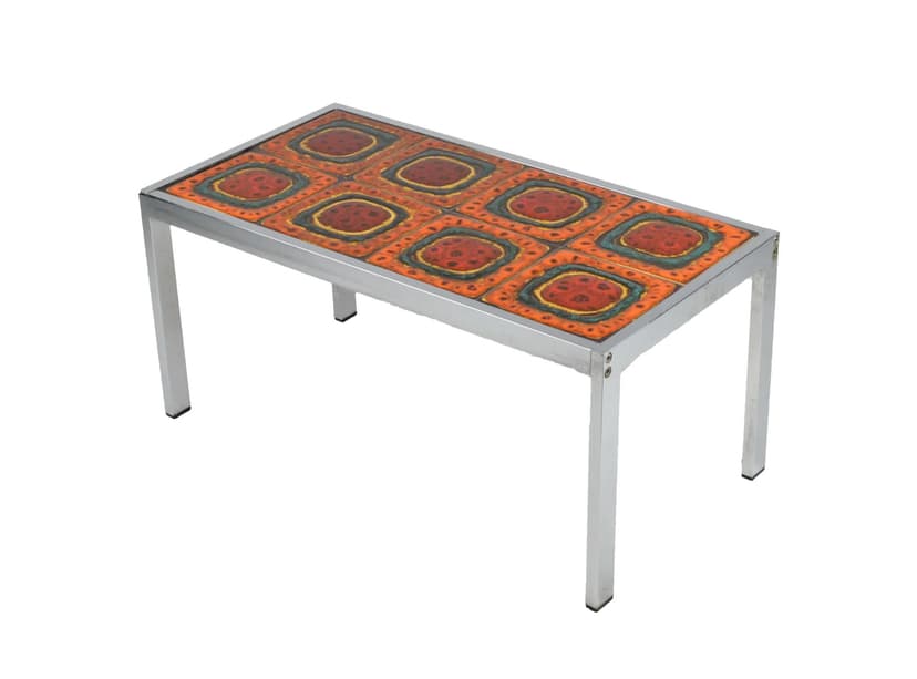 Coffee table, orange ceramics, chromed metal, Poland, 1970s