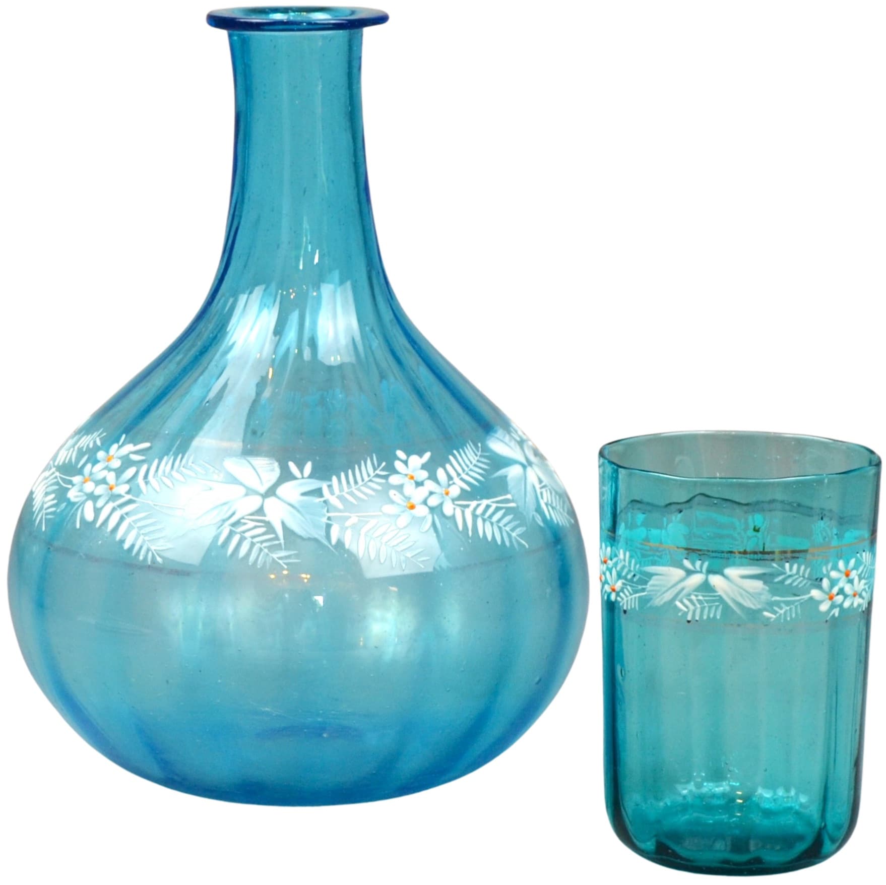 Karafka ze szklanką Mary Gregory, turkusowe szkło, Czechy, XIX w.