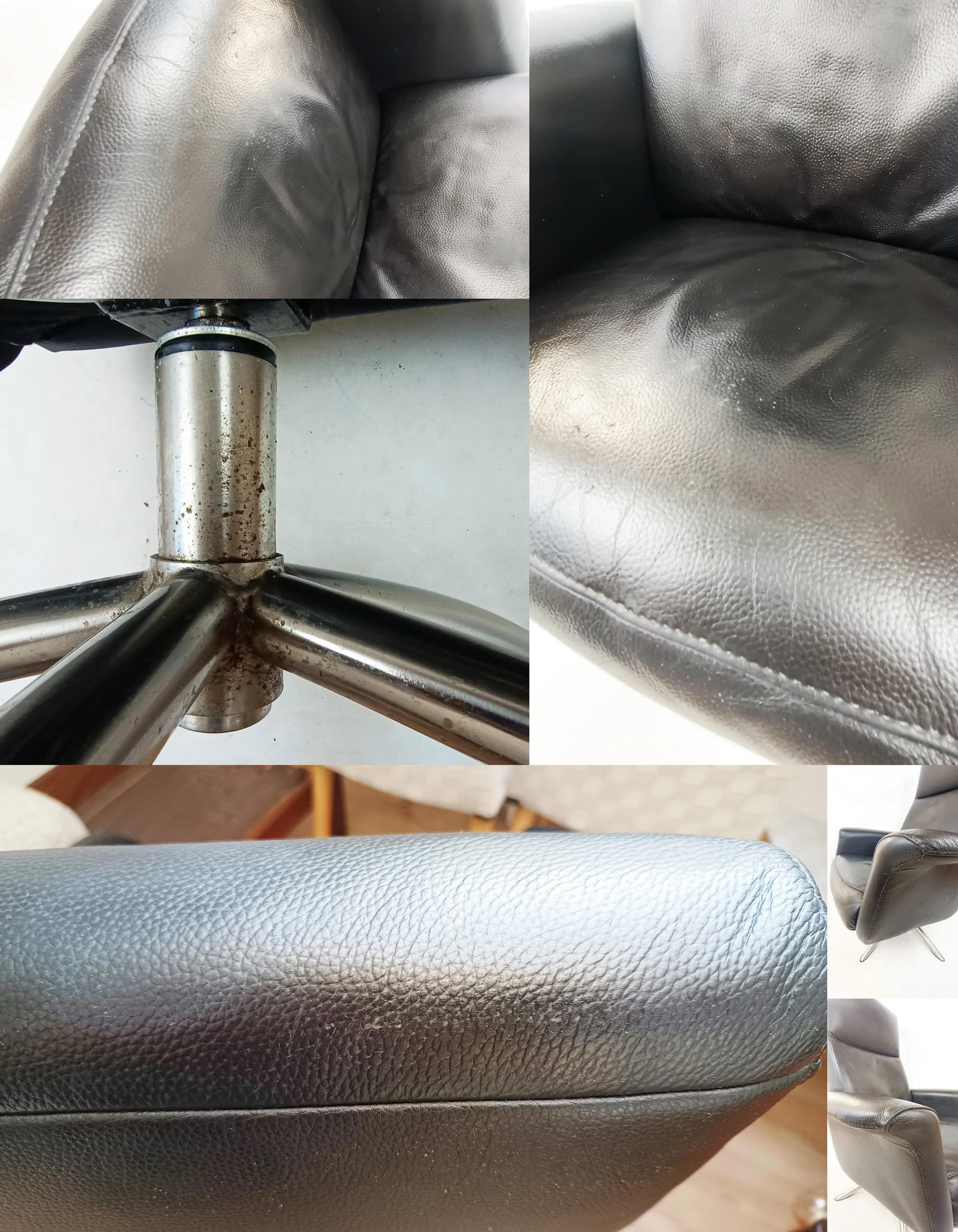 Swivel armchair, black leather, grey metal, Poland, 1980s. - 85284