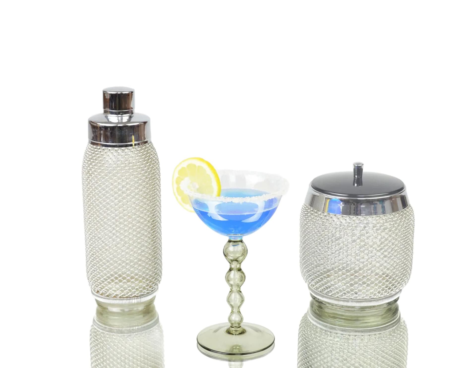 Zestaw barmański Mercuria, szkło przezroczyste, metal srebrny, Czechosłowacja, lata 70.