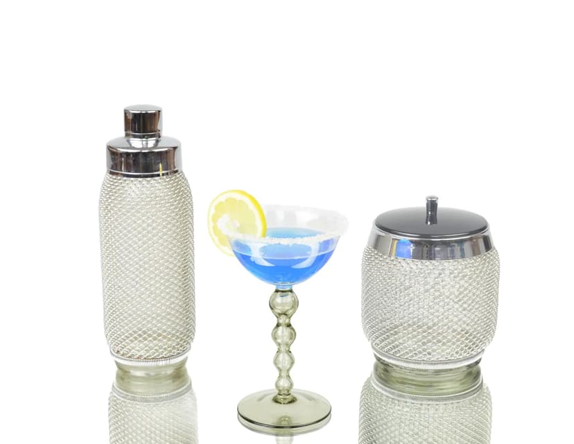 Zestaw barmański Mercuria, szkło przezroczyste, metal srebrny, Czechosłowacja, lata 70.