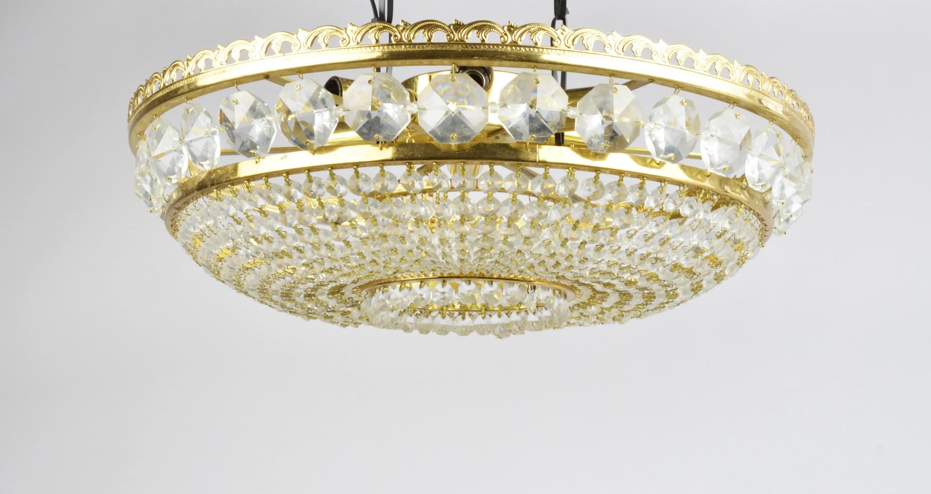 Żyrandol Preciosa Jablonec, złoty, metal, kryształ, Czechosłowacja, lata 70. - 85232