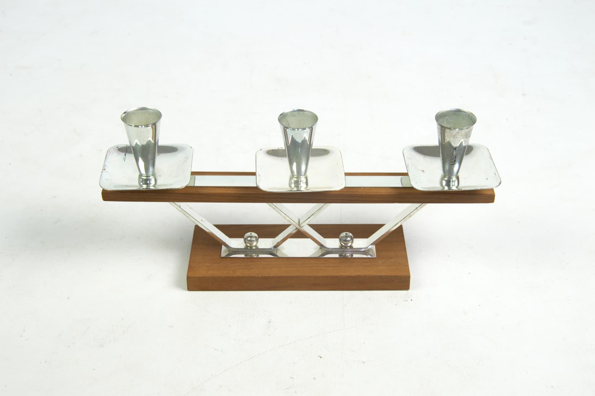 Świecznik, brązowy, drewno, metal, Polska, lata 70. - 85218