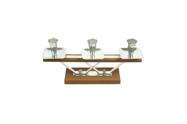 Świecznik, brązowy, drewno, metal, Polska, lata 70. - WYMIARY