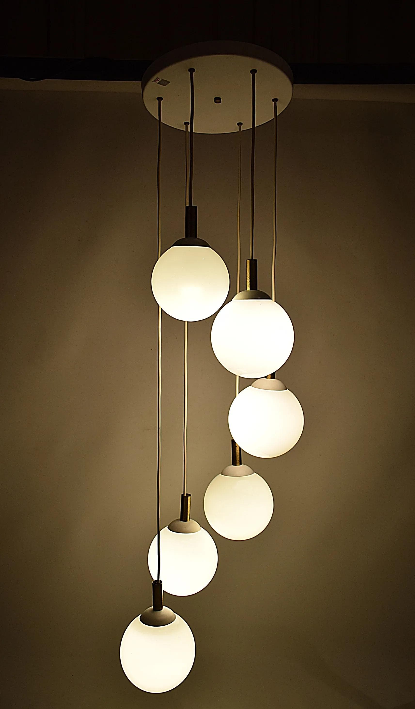 Cascading pendant lamp, white glass, metal, Poland, 1970s. - 85076