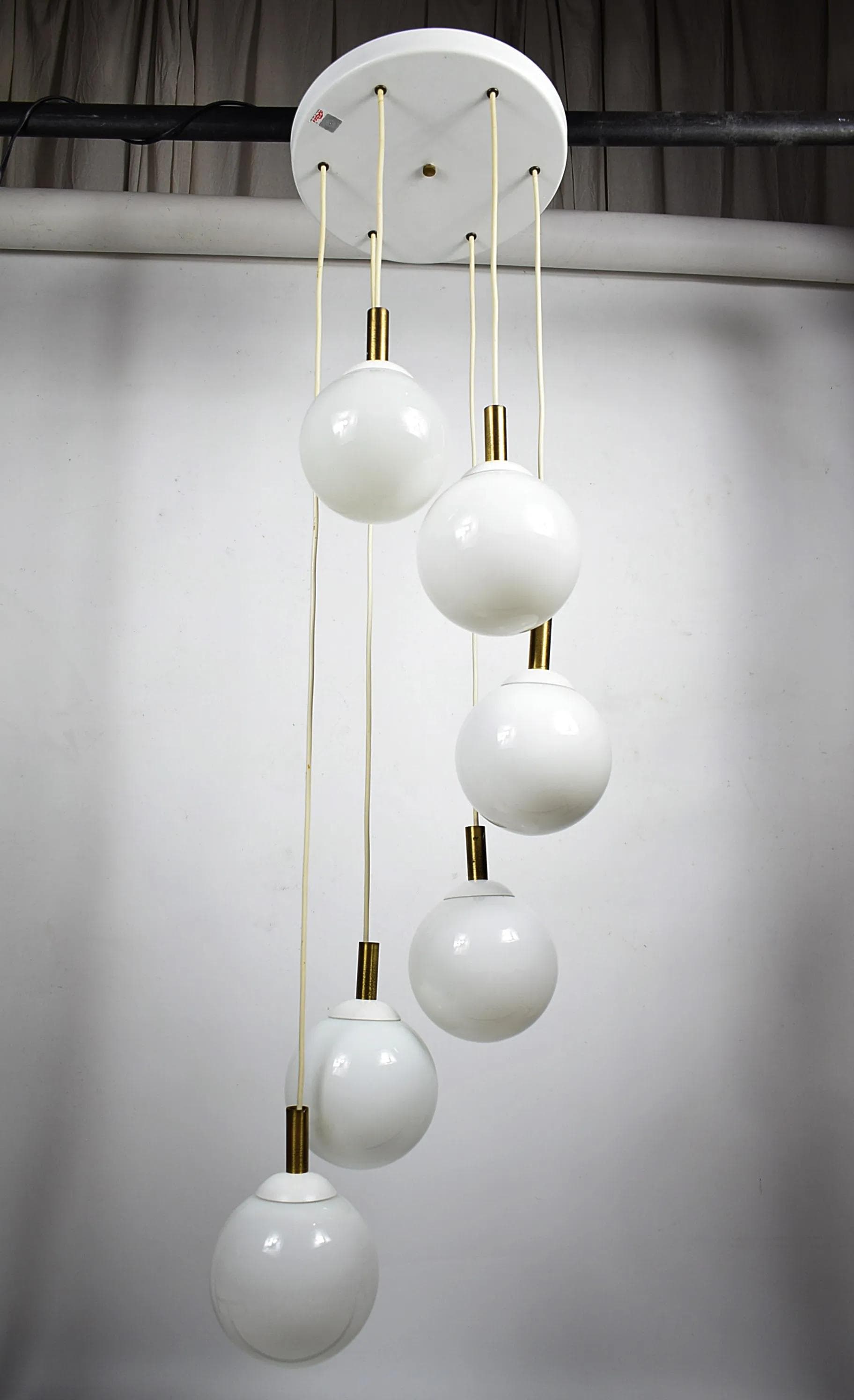 Cascading pendant lamp, white glass, metal, Poland, 1970s. - 85078