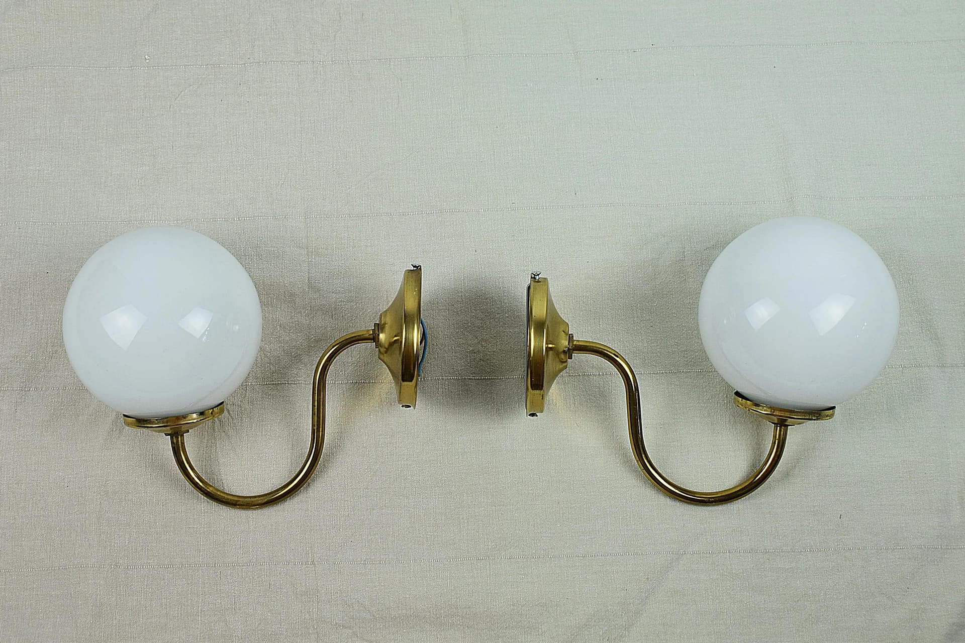 Pair of sconces, golden brass, white opal glass, Poland, 1960s. - 84908