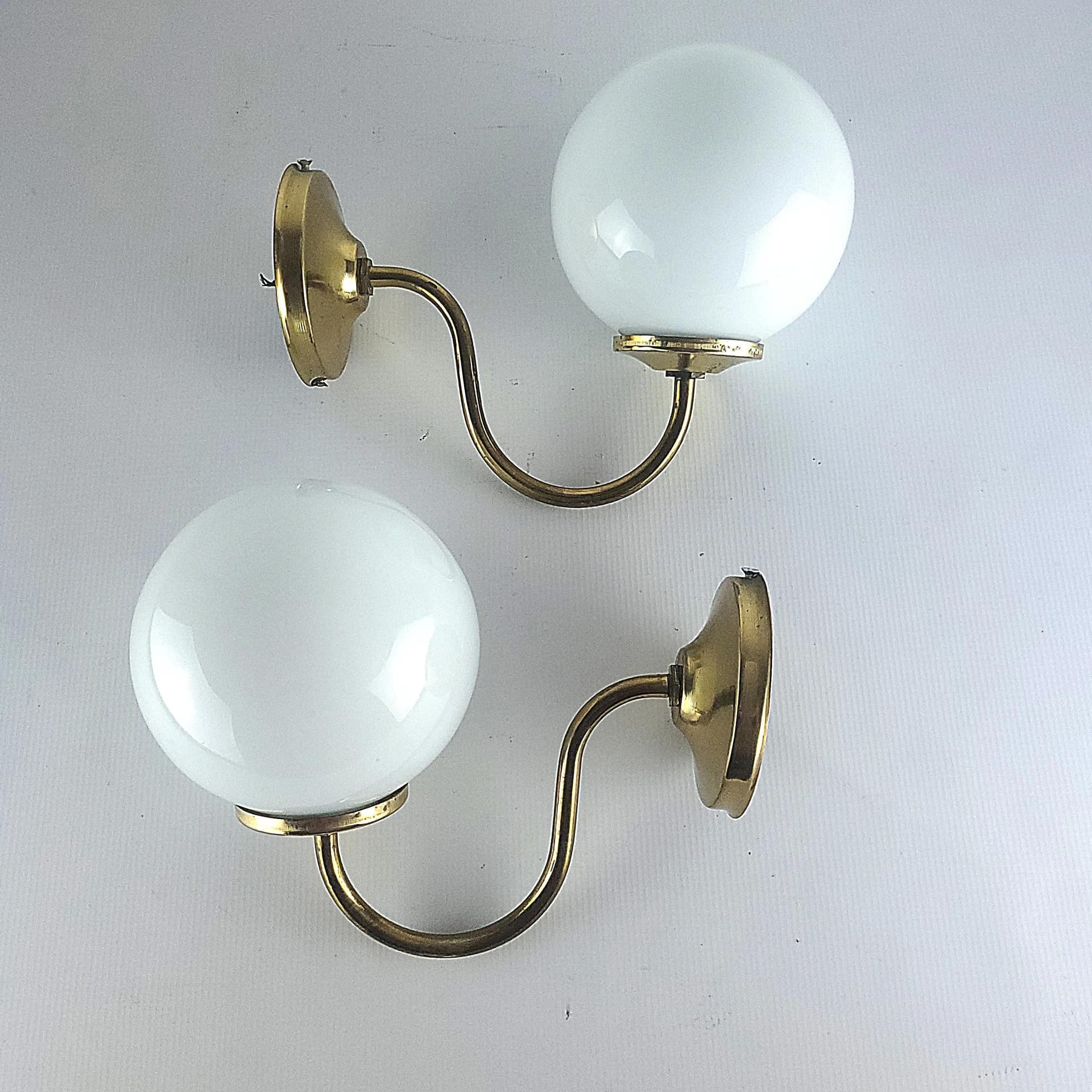 Pair of sconces, golden brass, white opal glass, Poland, 1960s. - 84907