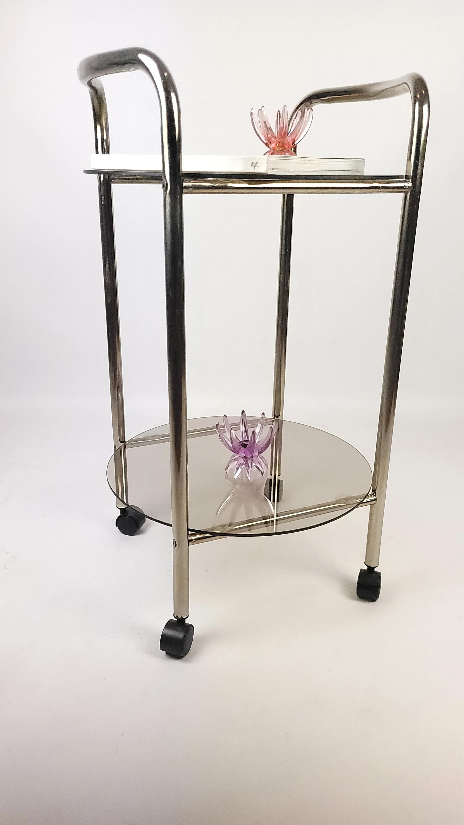 Bar cart, smoked grey glass, chrome, Germany, 1980s. - 84878