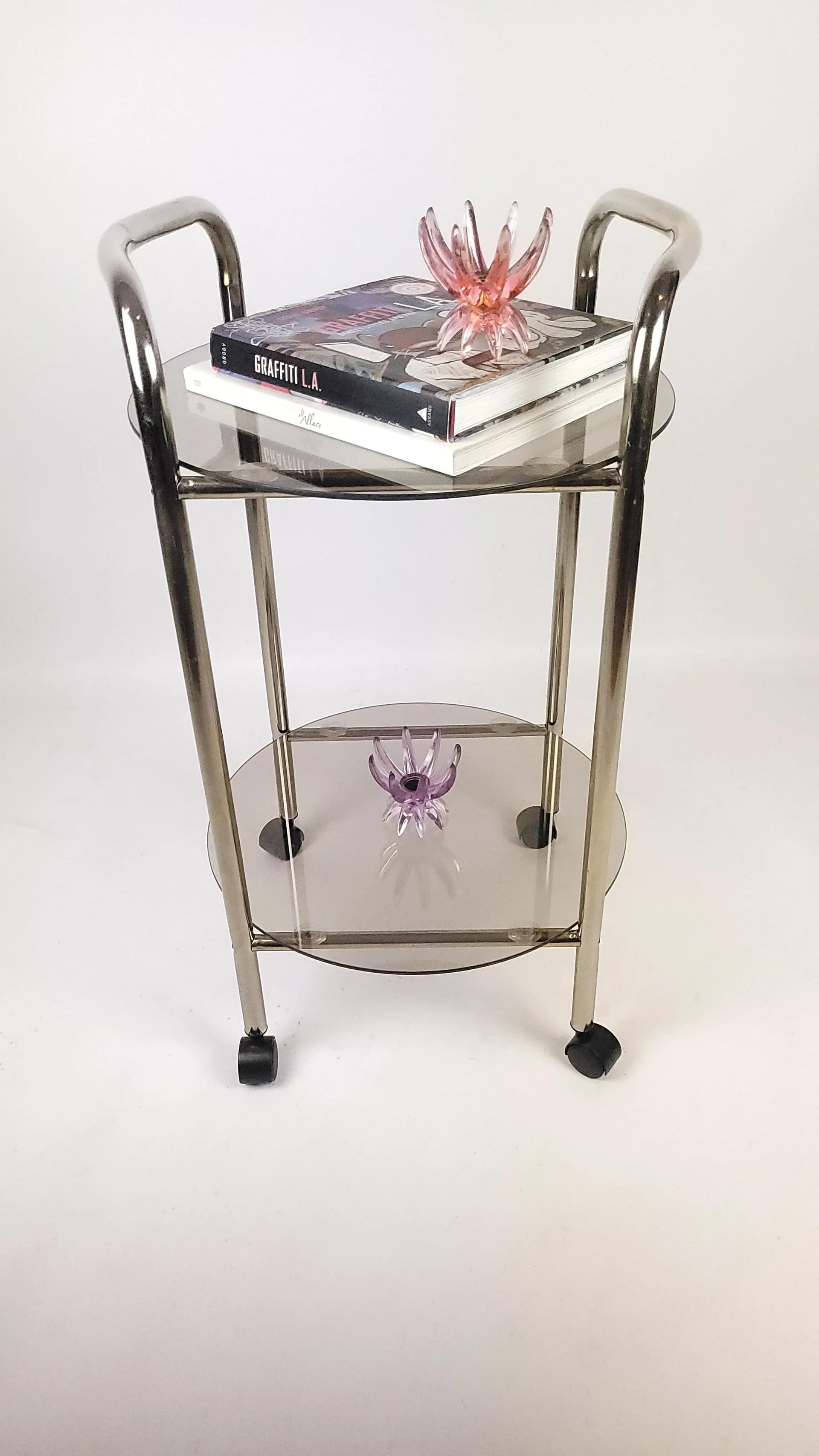 Bar cart, smoked grey glass, chrome, Germany, 1980s. - 84881