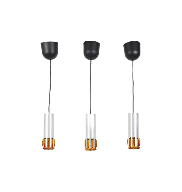 Zestaw trzech lamp wiszących, szkło miodowe, aluminium srebrzysty, Szwecja, lata 70. - WYMIARY