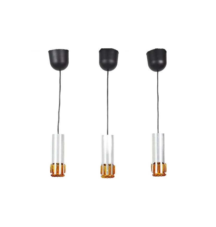 Zestaw trzech lamp wiszących, szkło miodowe, aluminium srebrzysty, Szwecja, lata 70.