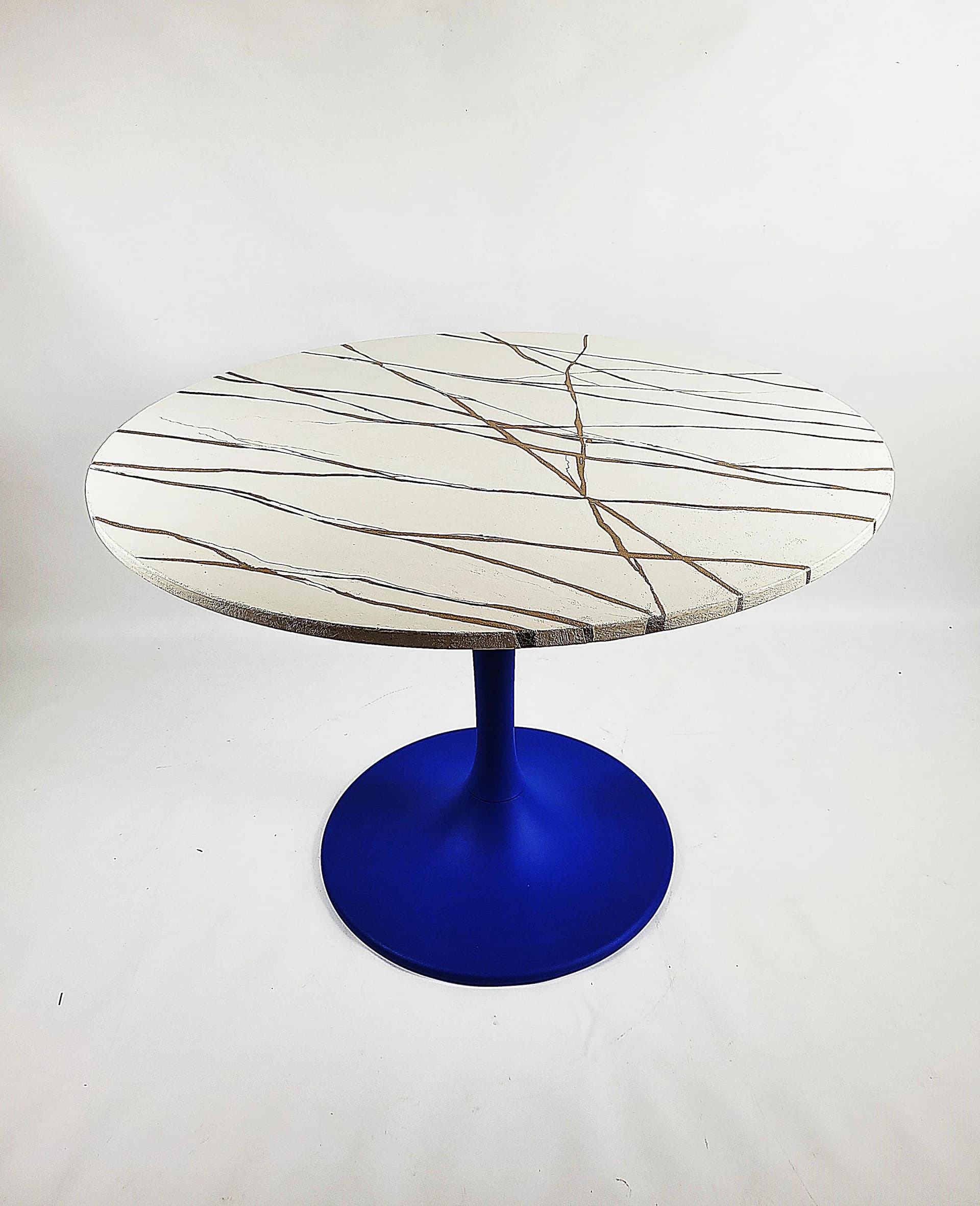 Stół Tulip, marmurino beżowy złoty, metal ciemnoniebieski, Polska, lata 90. - 84835