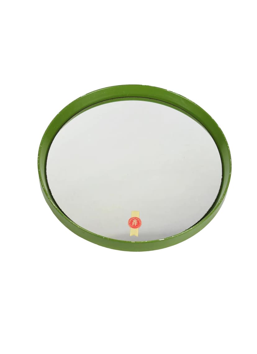 Wall mirror round, olive green acrylic, Poland, 1970s.
