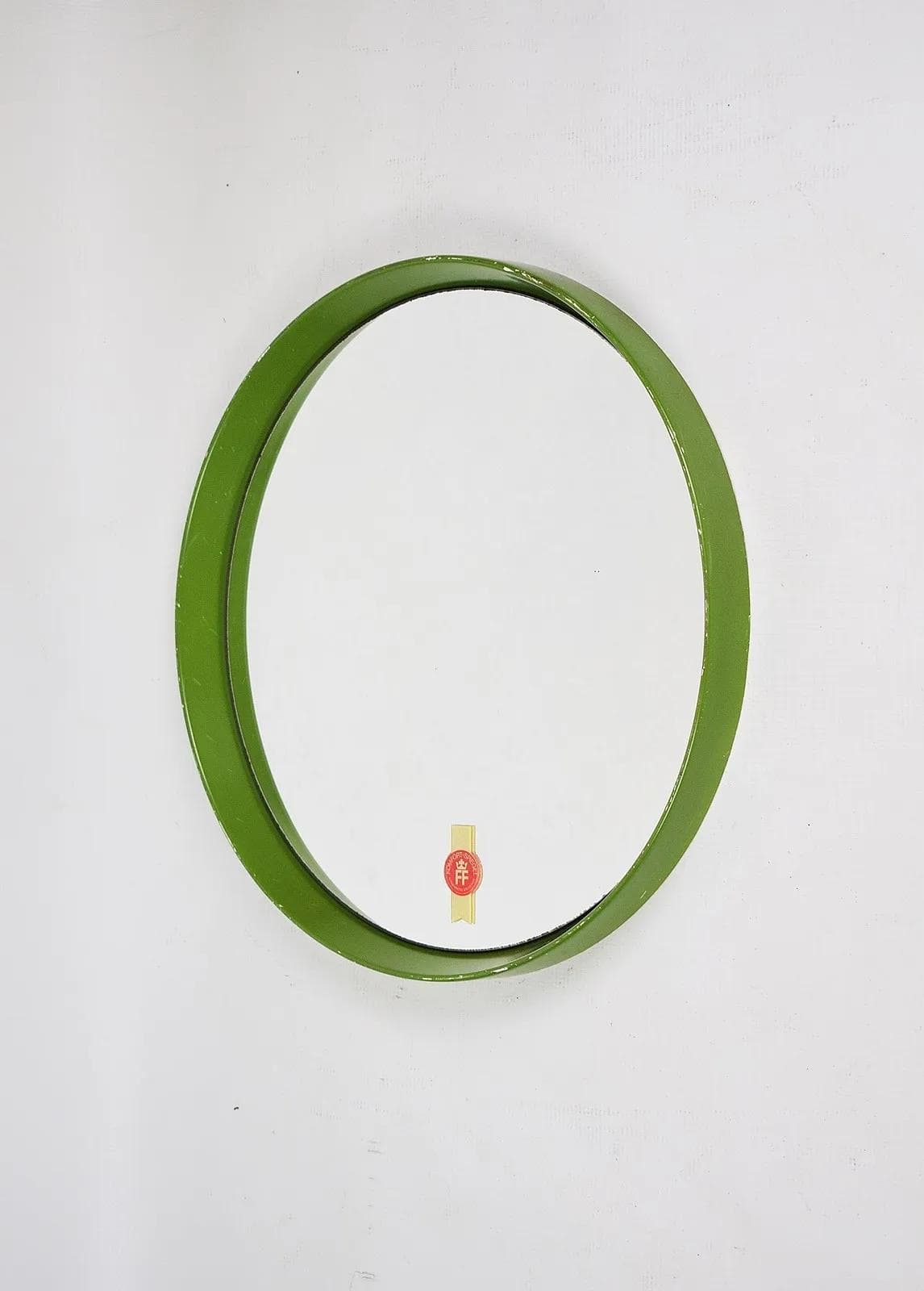 Wall mirror round, olive green acrylic, Poland, 1970s. - 84818