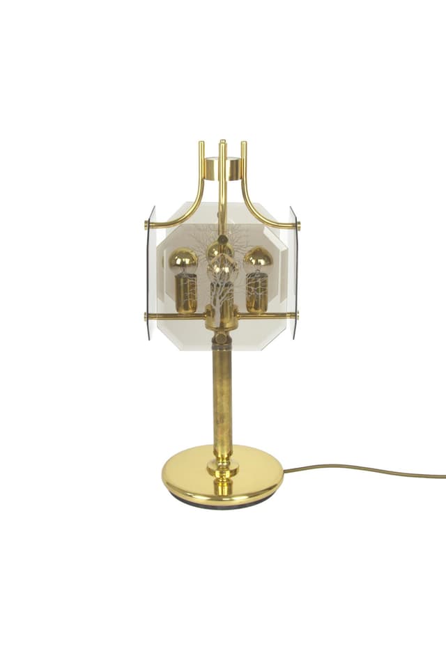 Lampa stołowa, mosiądz złoty, dymione szkło, proj. L. Colani, lata 80. - WYMIARY