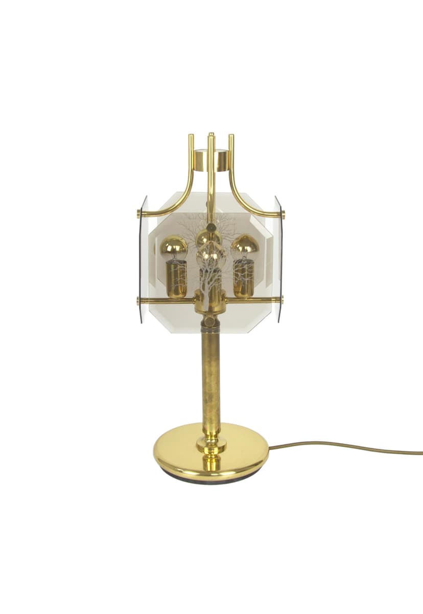 Lampa stołowa, mosiądz złoty, dymione szkło, proj. L. Colani, lata 80.