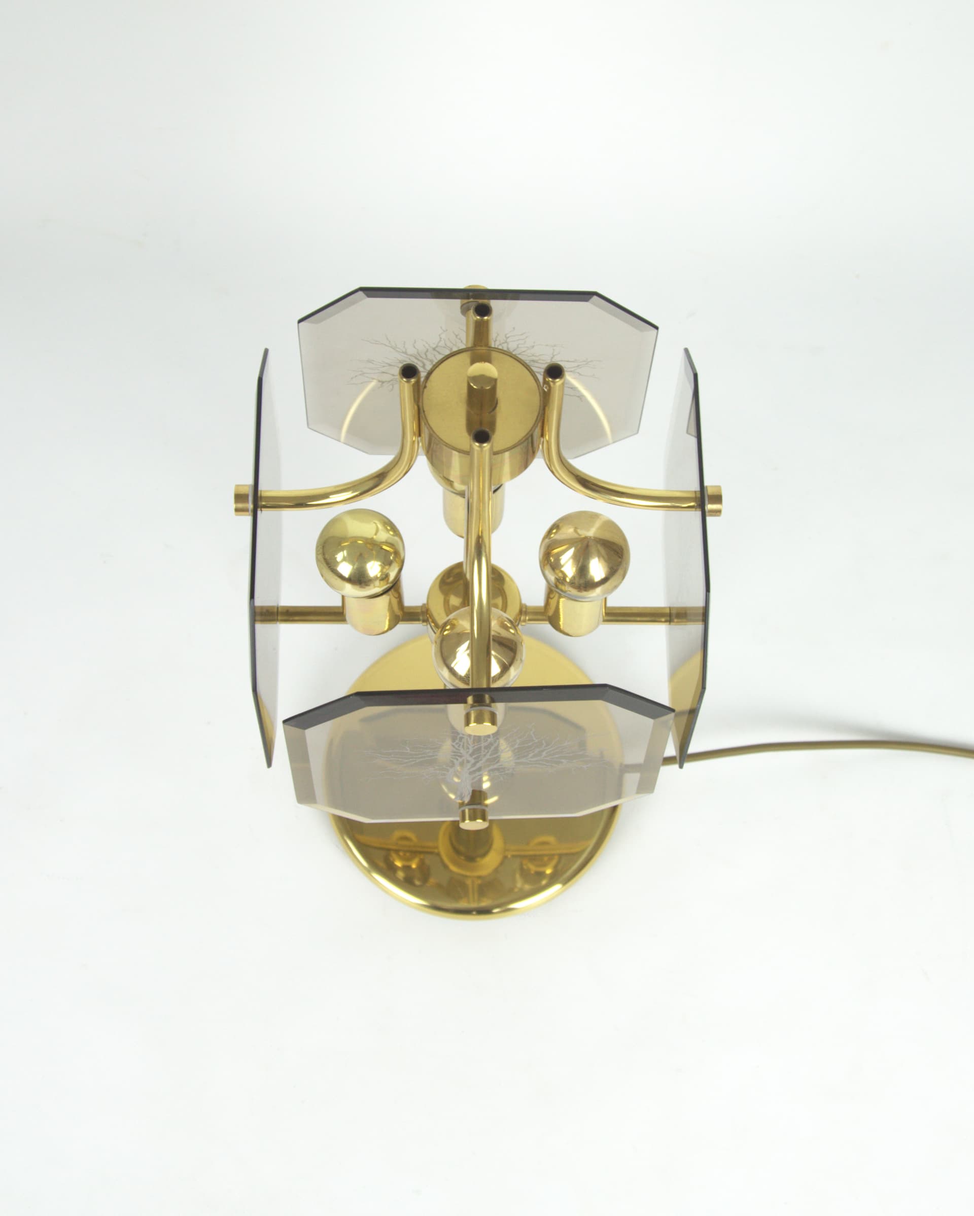 Lampa stołowa, mosiądz złoty, dymione szkło, proj. L. Colani, lata 80. - 84714