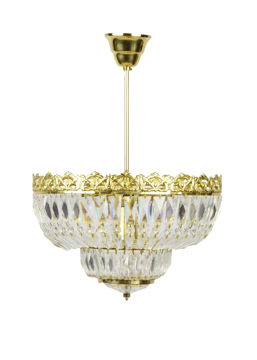 Żyrandol kryształowy transparentny, metal złoty, Polska, lata 70.