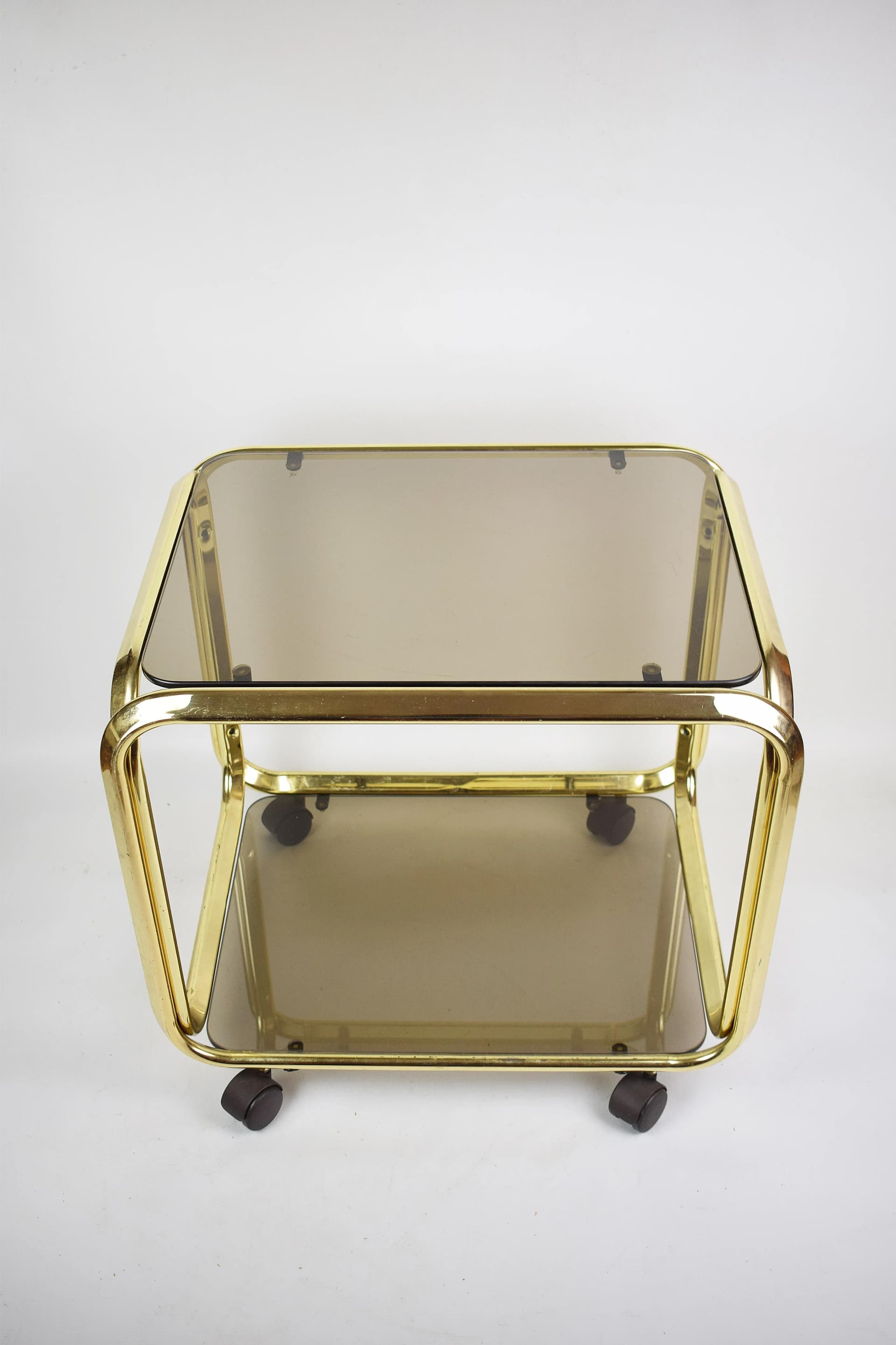 Bar cart, golden chrome steel, smoked glass, Poland, 1970s. - 84663