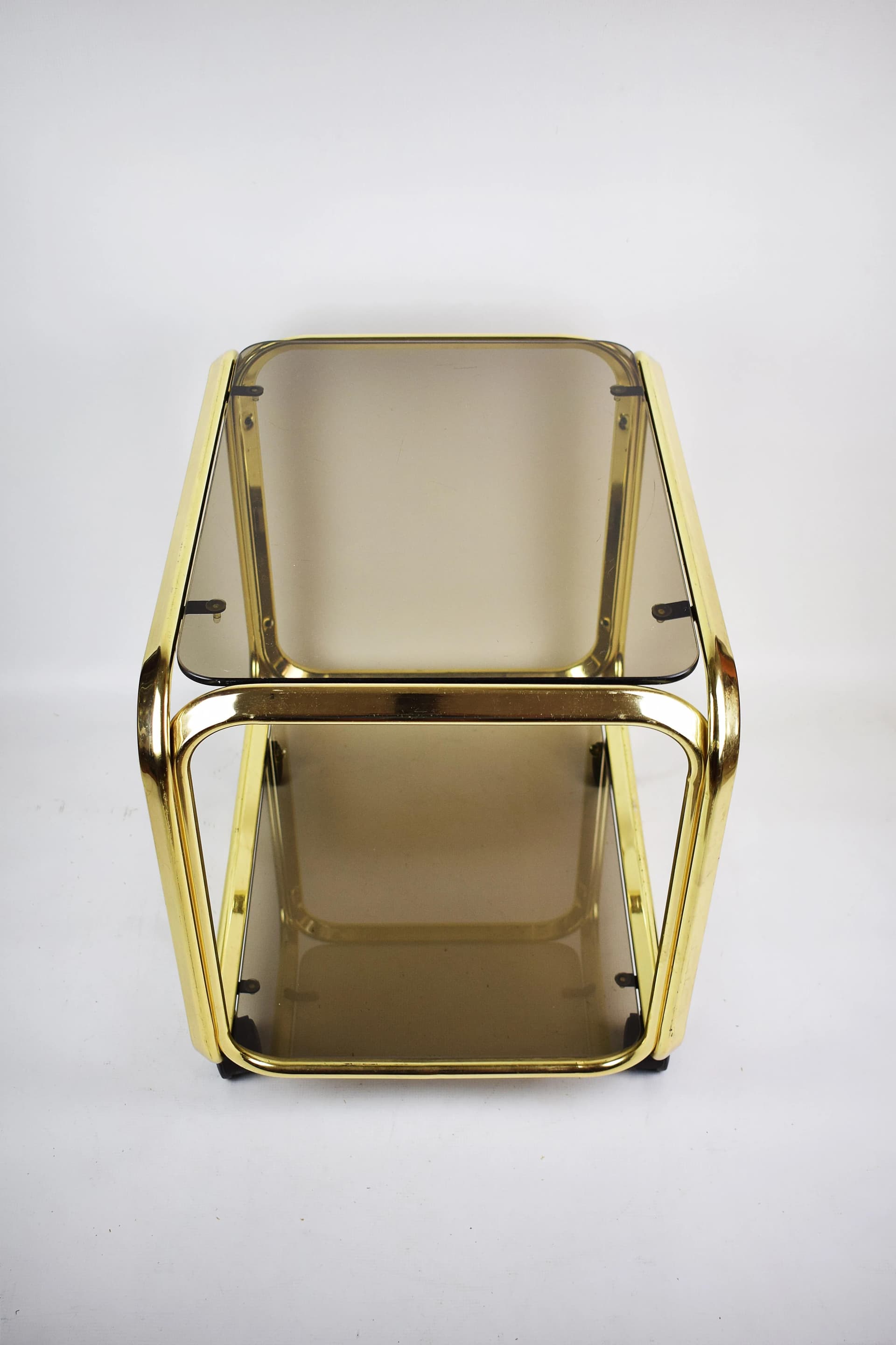 Bar cart, golden chrome steel, smoked glass, Poland, 1970s. - 84659