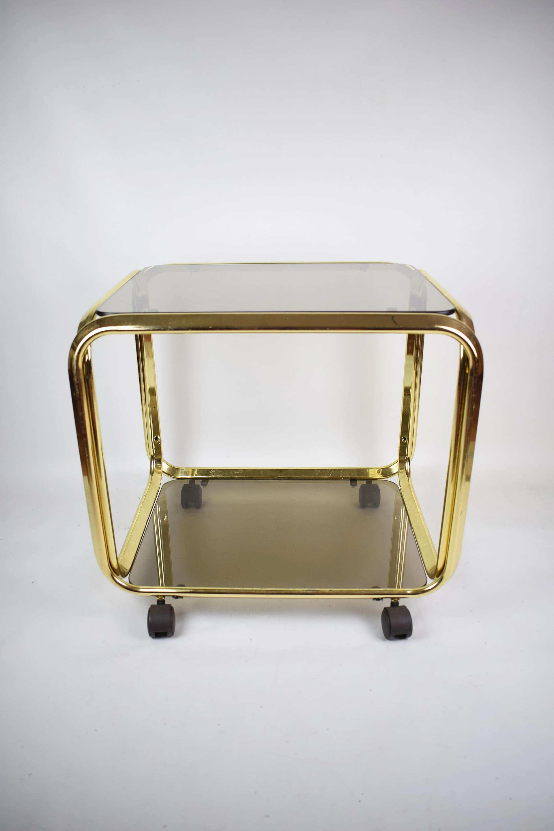 Bar cart, golden chrome steel, smoked glass, Poland, 1970s. - 84666