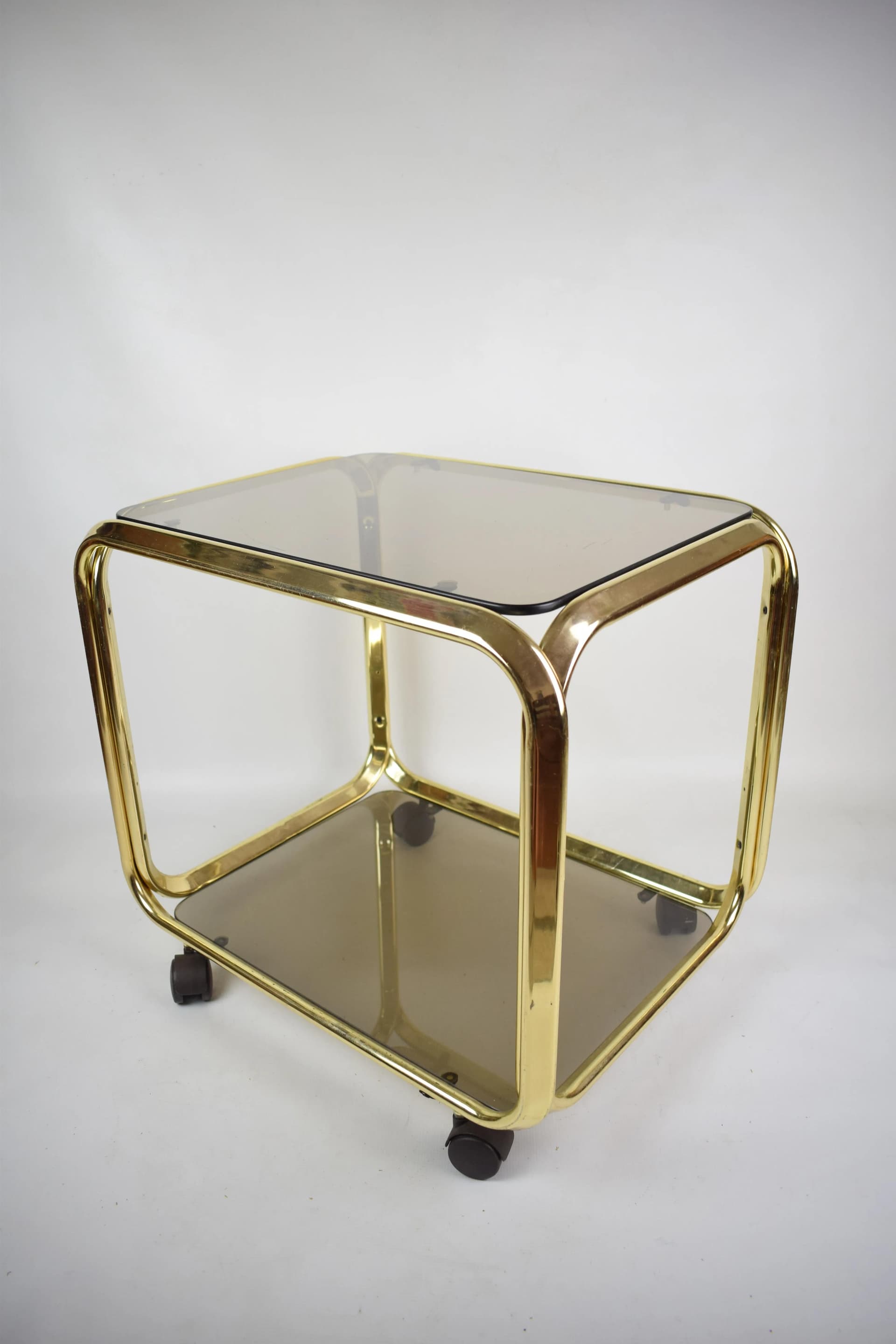 Bar cart, golden chrome steel, smoked glass, Poland, 1970s. - 84664