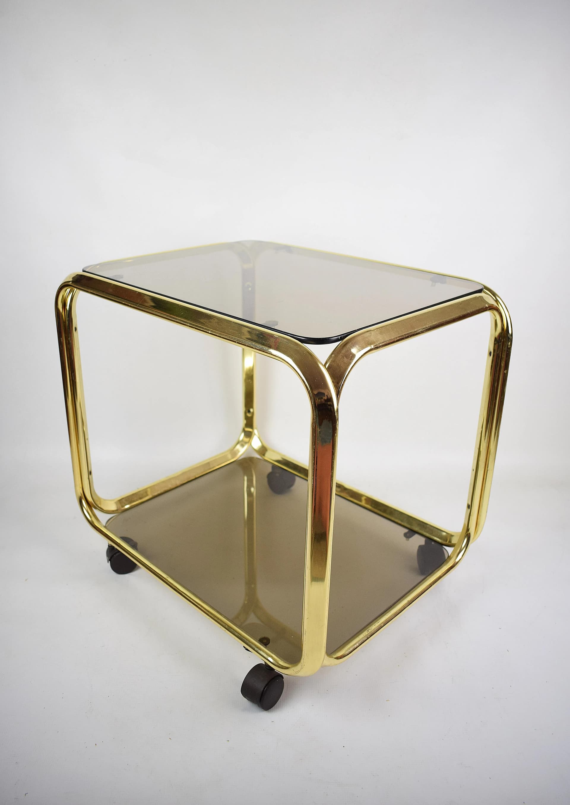 Bar cart, golden chrome steel, smoked glass, Poland, 1970s. - 84660