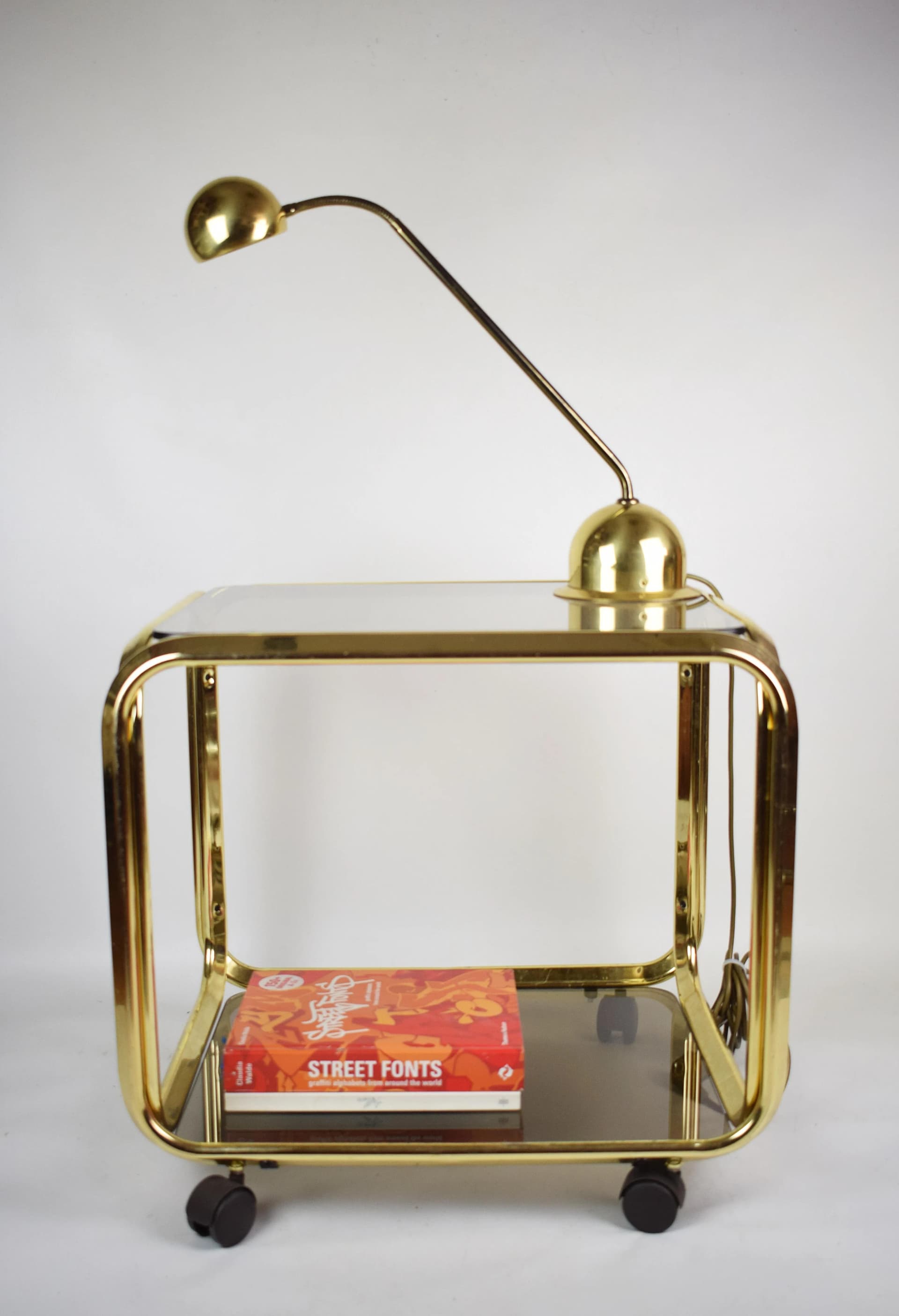 Bar cart, golden chrome steel, smoked glass, Poland, 1970s. - 84665