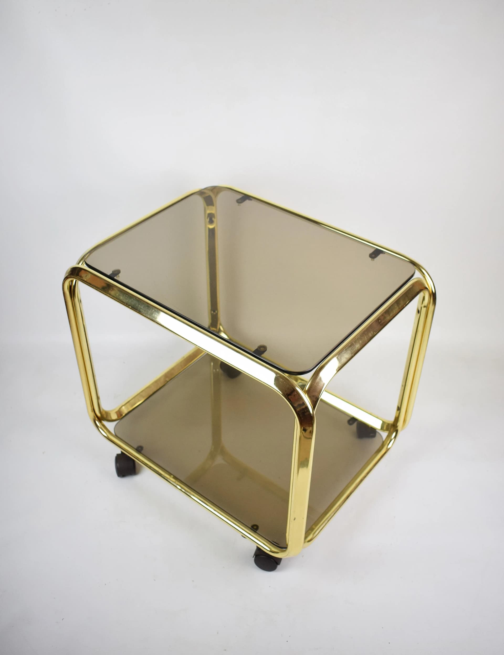 Bar cart, golden chrome steel, smoked glass, Poland, 1970s. - 84661