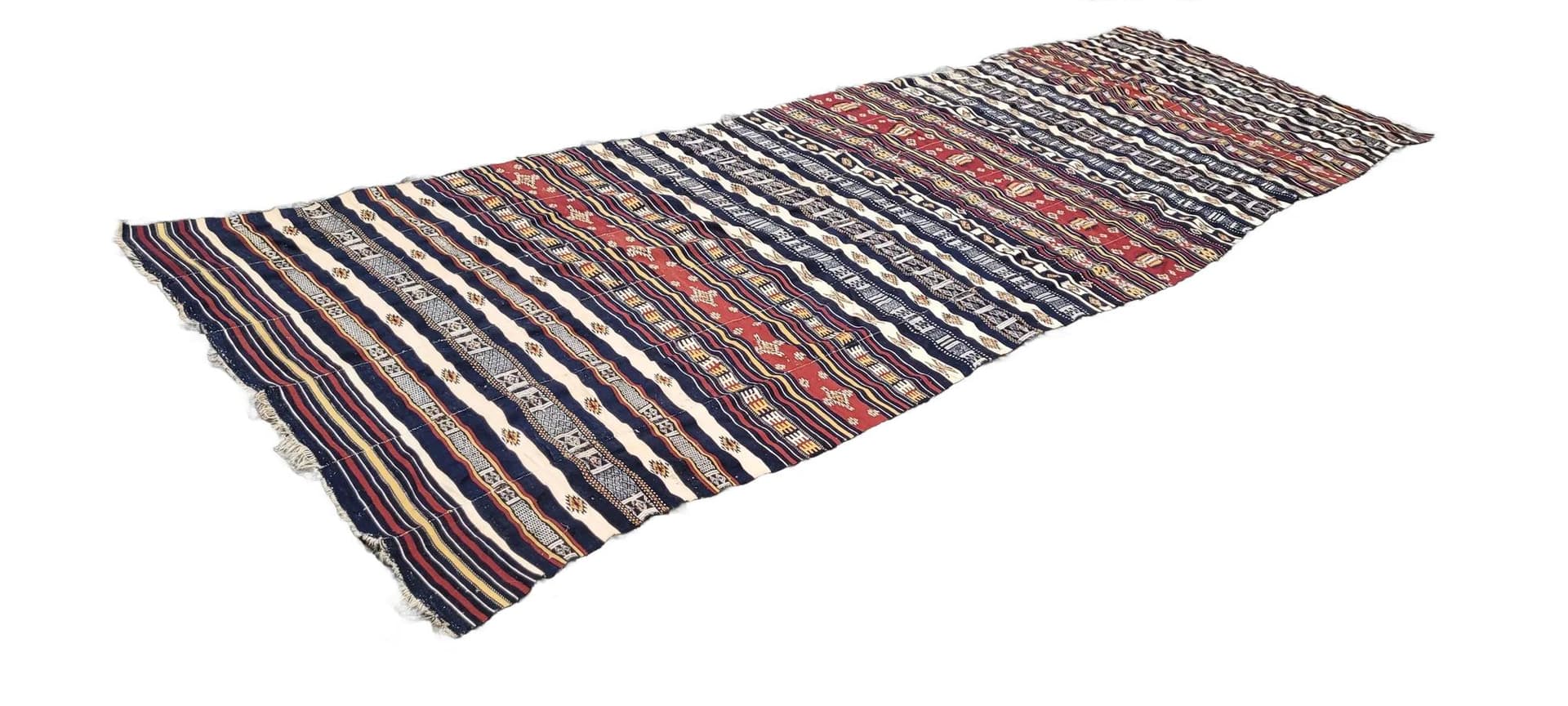 Dywan kilim pasiak, 140x445cm, multikolor, wełna, Afganistan, lata 80.