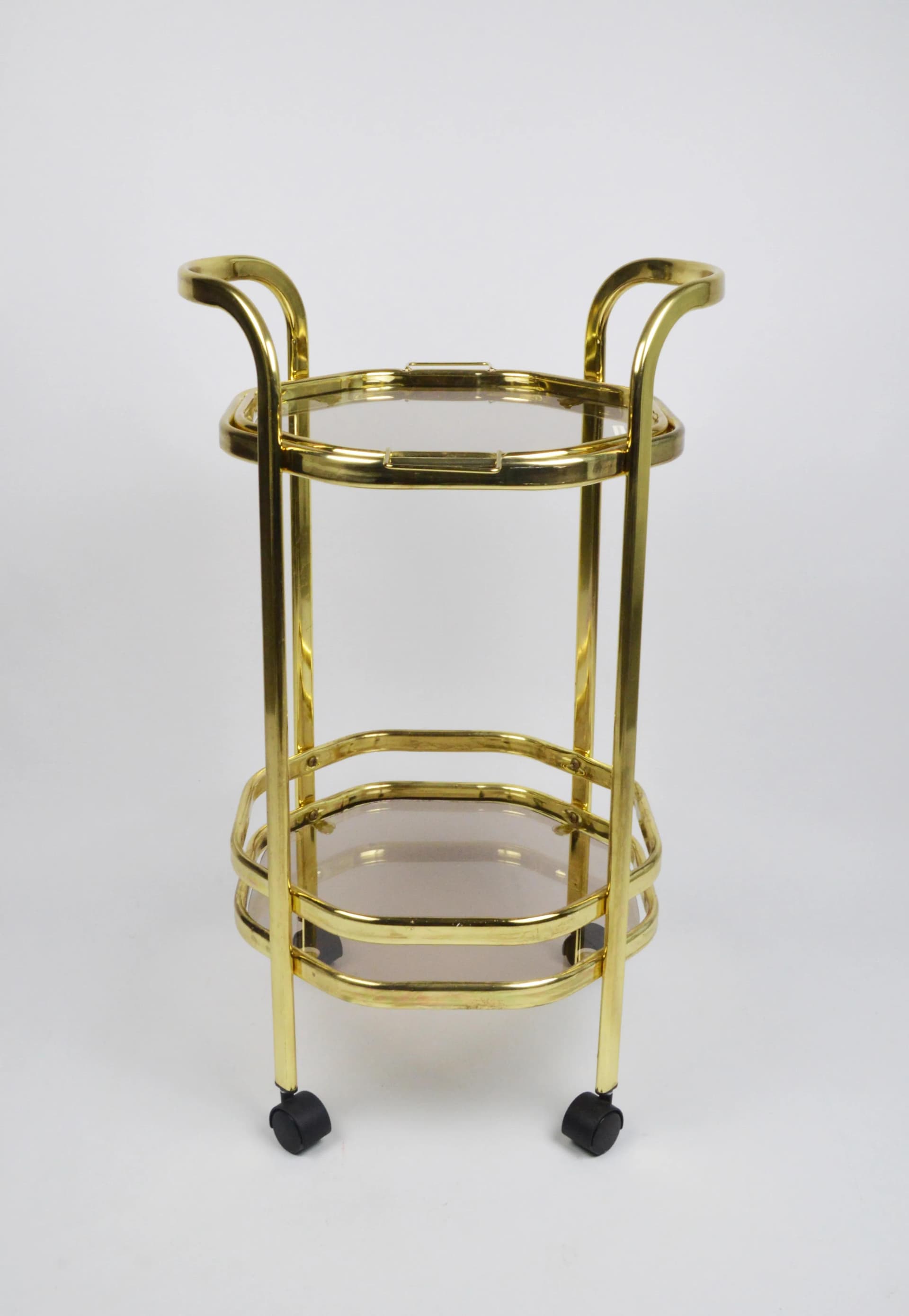 Bar cart, golden, metal glass, Poland, 1980s. - 84512