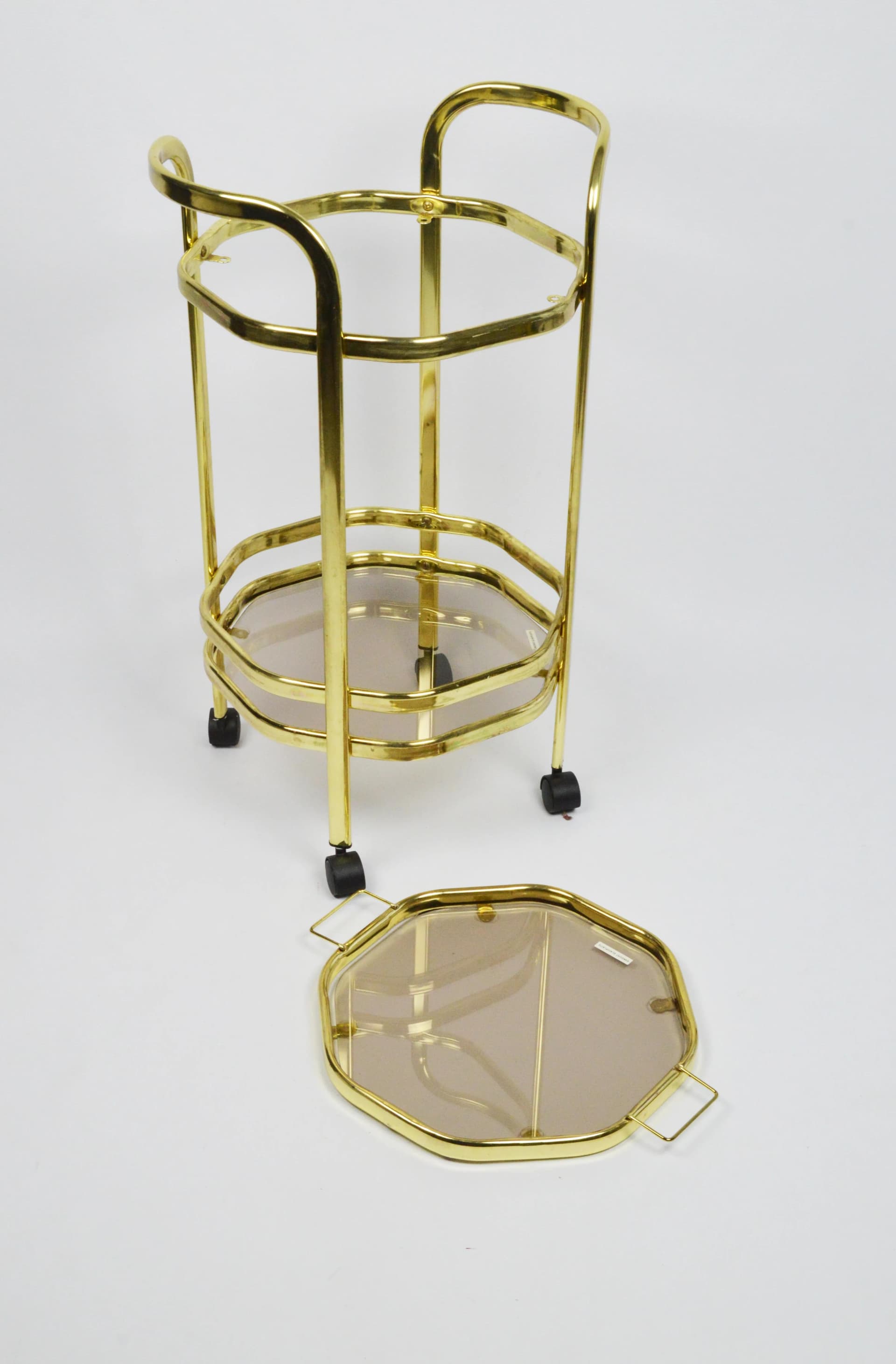 Bar cart, golden, metal glass, Poland, 1980s. - 84515