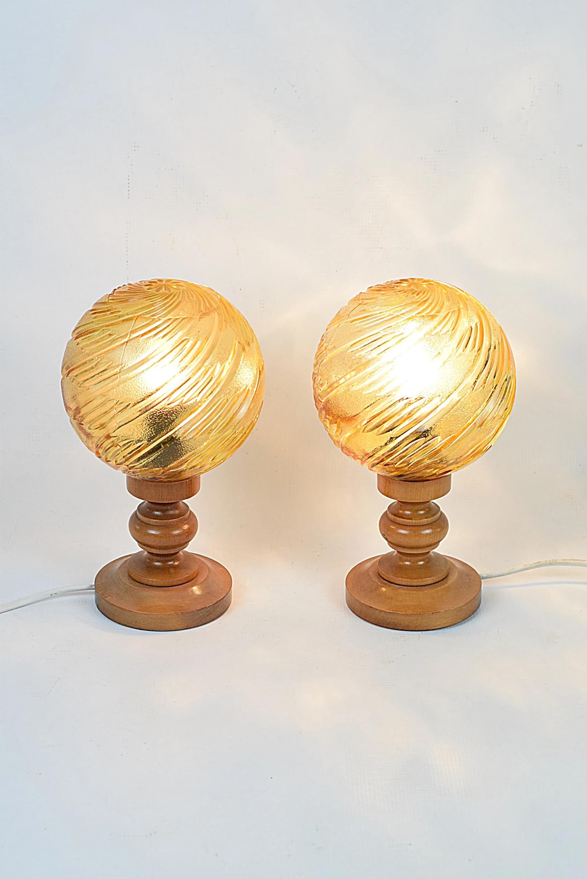 Pair of bedside lamps, brown glass, brown wood, Poland, 1970s. - 84413