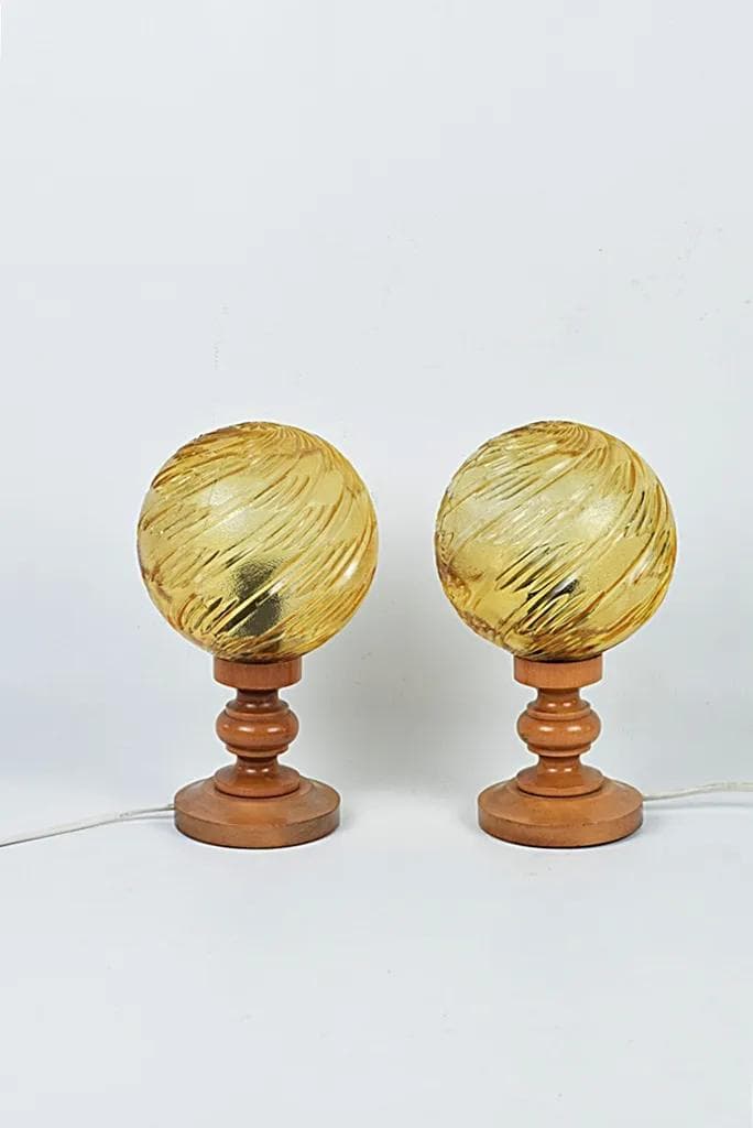 Pair of bedside lamps, brown glass, brown wood, Poland, 1970s. - 84410